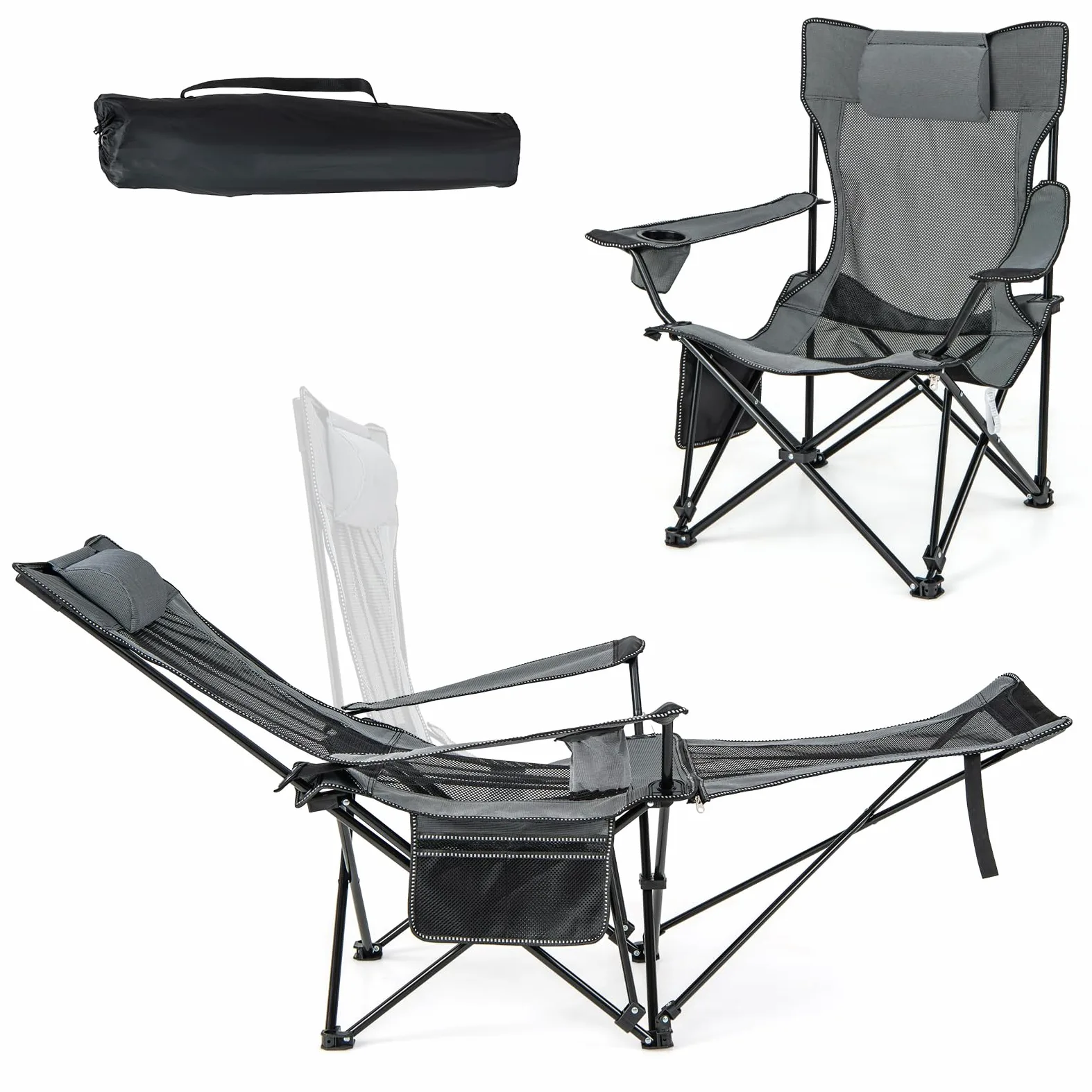 COSTWAY Silla Plegable Camping, Silla de Acampada Portátil 2 en 1, Reposapiés Desmontable, Respaldo Ajustable, Portavasos y Reposacabezas, Bolsa De Almacenamiento, Silla Camping Pesca, Picnics (Gris)