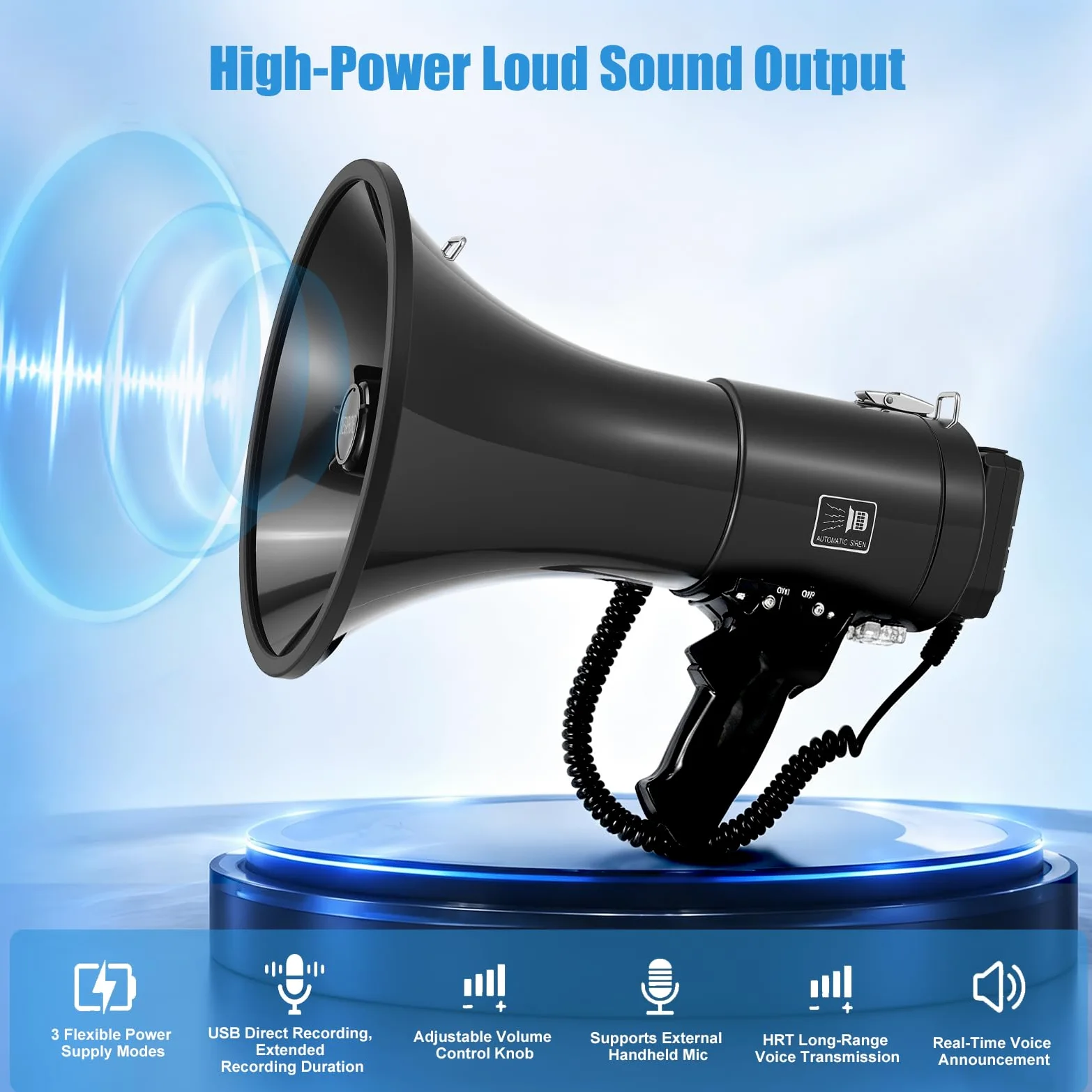 Megáfono portátil de 100 W con micrófono extraíble, Bluetooth, grabación USB, batería de 4800 mAh, alcance de 2000 m, 3 fuentes de alimentación, correa para el hombro para eventos, mercado, avisos de