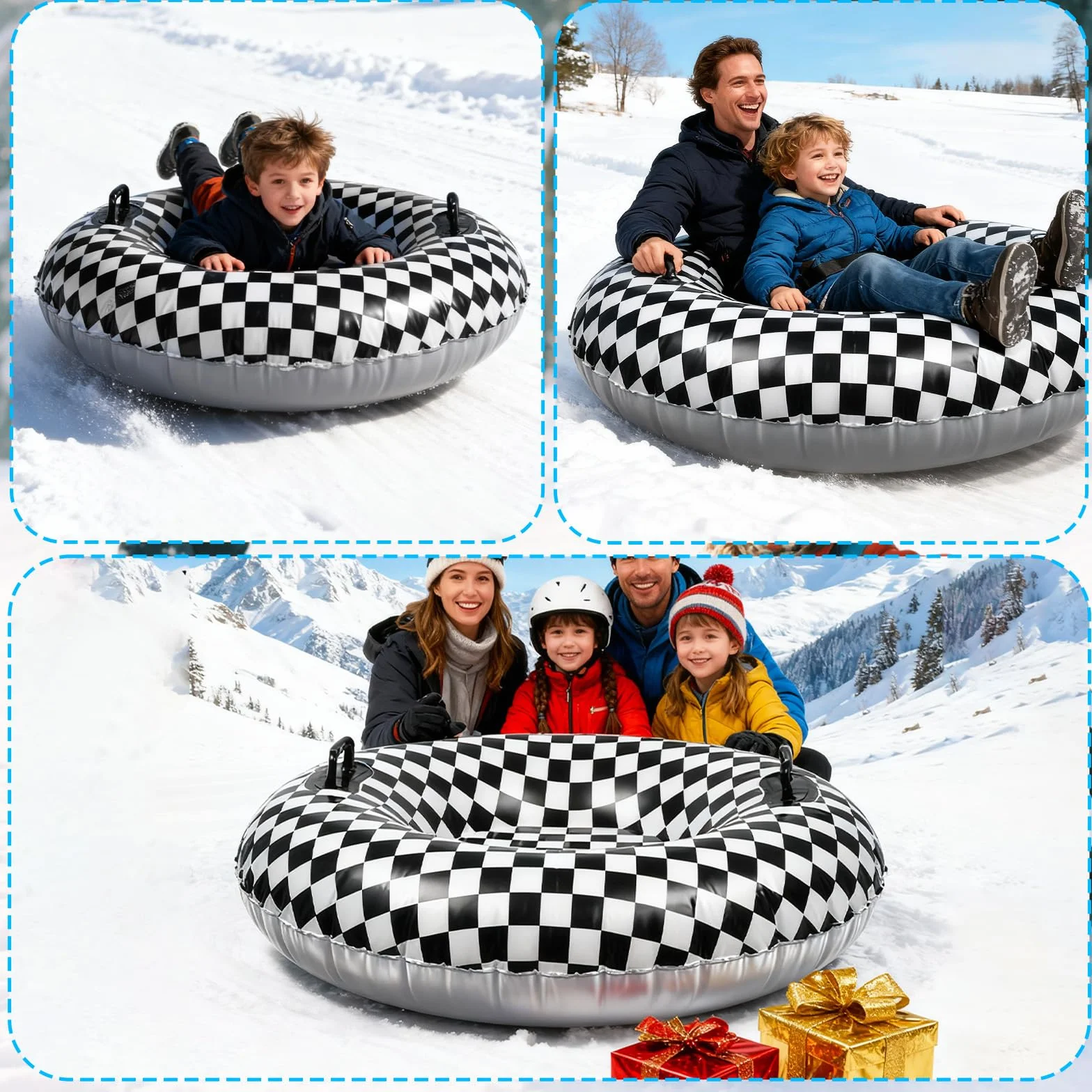 Bandera a Cuadros Blanca y Negra 101cm PVC Resistente al Frío Trineo de Nieve Inflable con Asas Elevadas