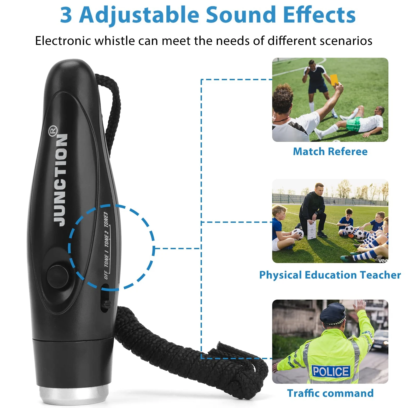 Paquete de 2 silbatos electrónicos, silbatos eléctricos de mano de 3 tonos de alto volumen con cordón para profesores, entrenadores, árbitros, silbato de entrenamiento, silbato de emergencia al aire