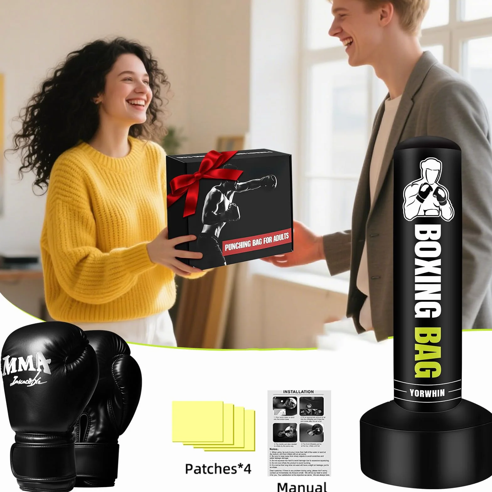 YORWHIN Pesado Saco de Boxeo Adultos con Guantes de Boxeo, Freestanding Saco Boxeo Inflable Kickboxing Boxeo Bolsa para Entrenamiento MMA Muay Thai