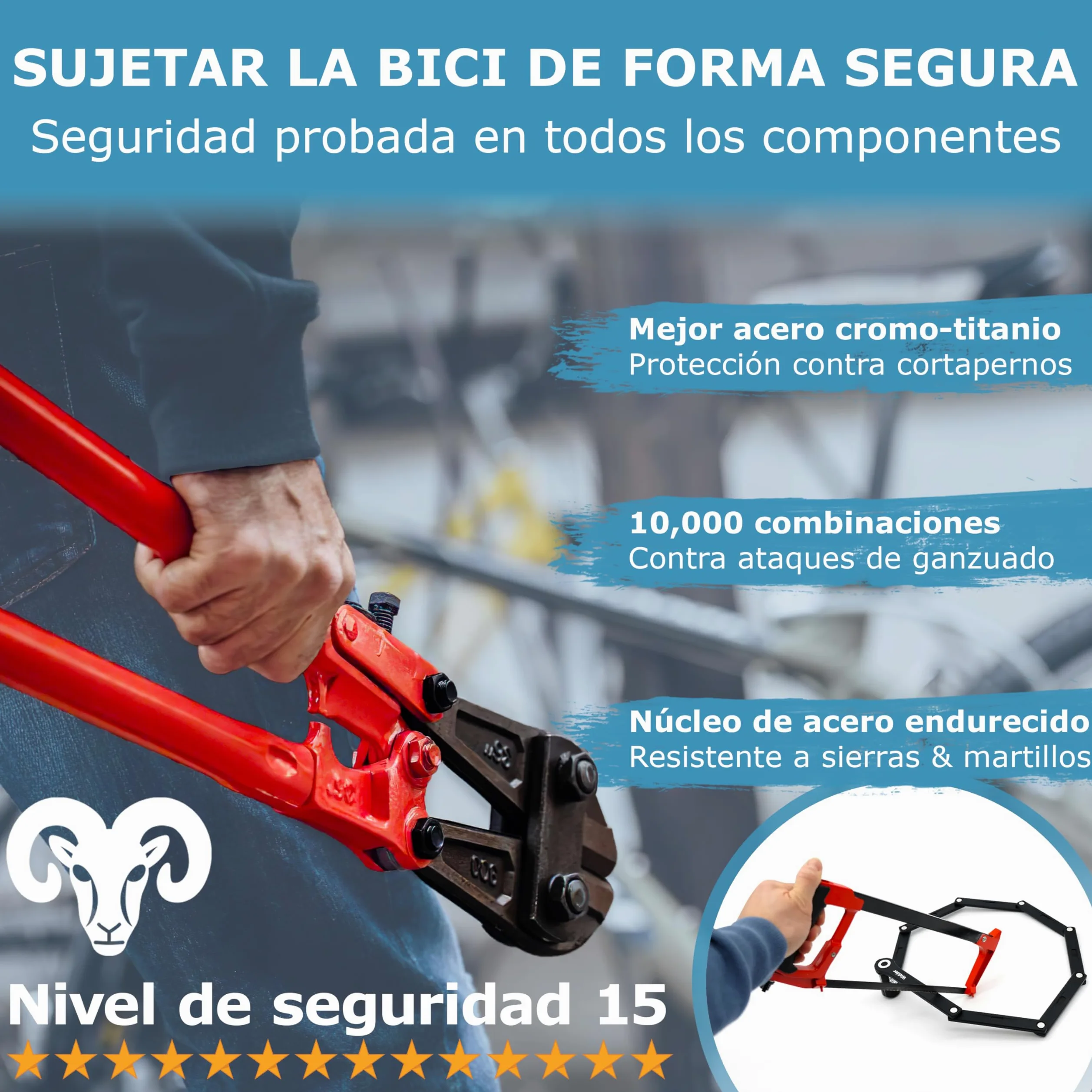 WIDDER 120cm Antirrobo bici extremadamente seguro | Titanio‑Acero nivel 15 | Candado de combinación | Candado plegable bicicleta de 120 cm con soporte | Antirrobo bici eléctrica & e‑scooter con código