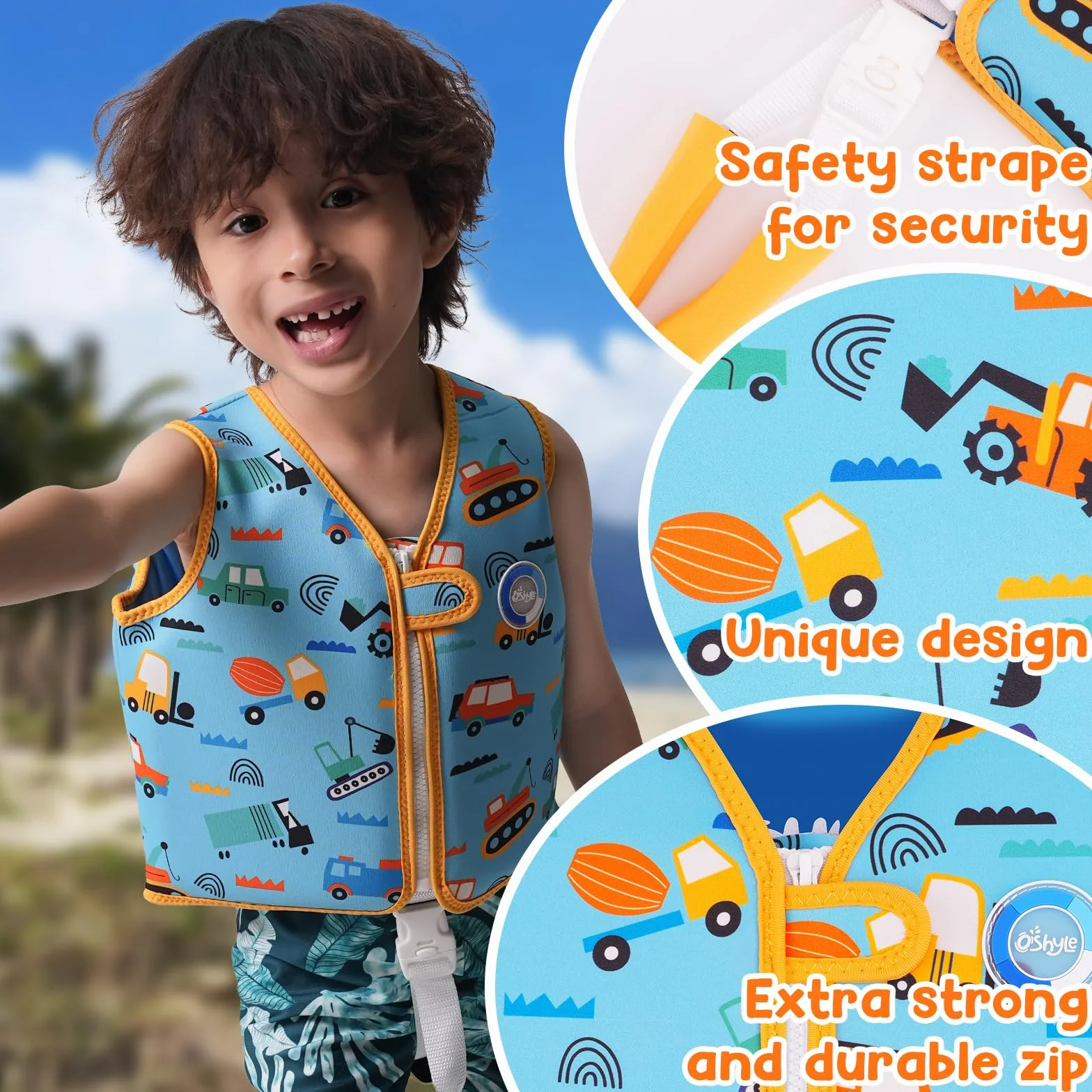 Chaleco de natación OSHYLE para niños pequeños con correa de seguridad