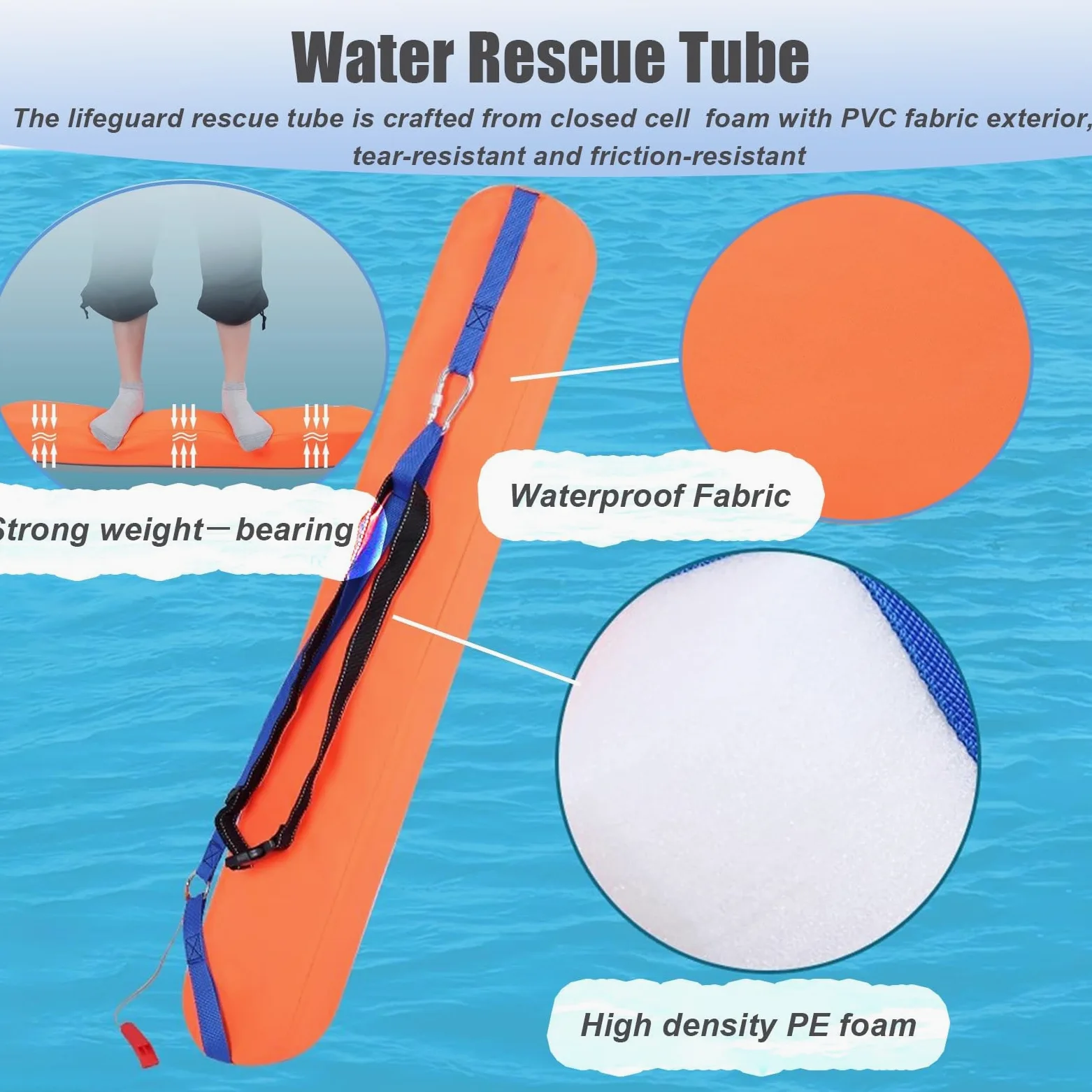 Paquete de 2 tubos de rescate salvavidas para adultos, equipo de seguridad de piscina con silbato, 48.4 x 5.9 pulgadas para rescate acuático al aire libre