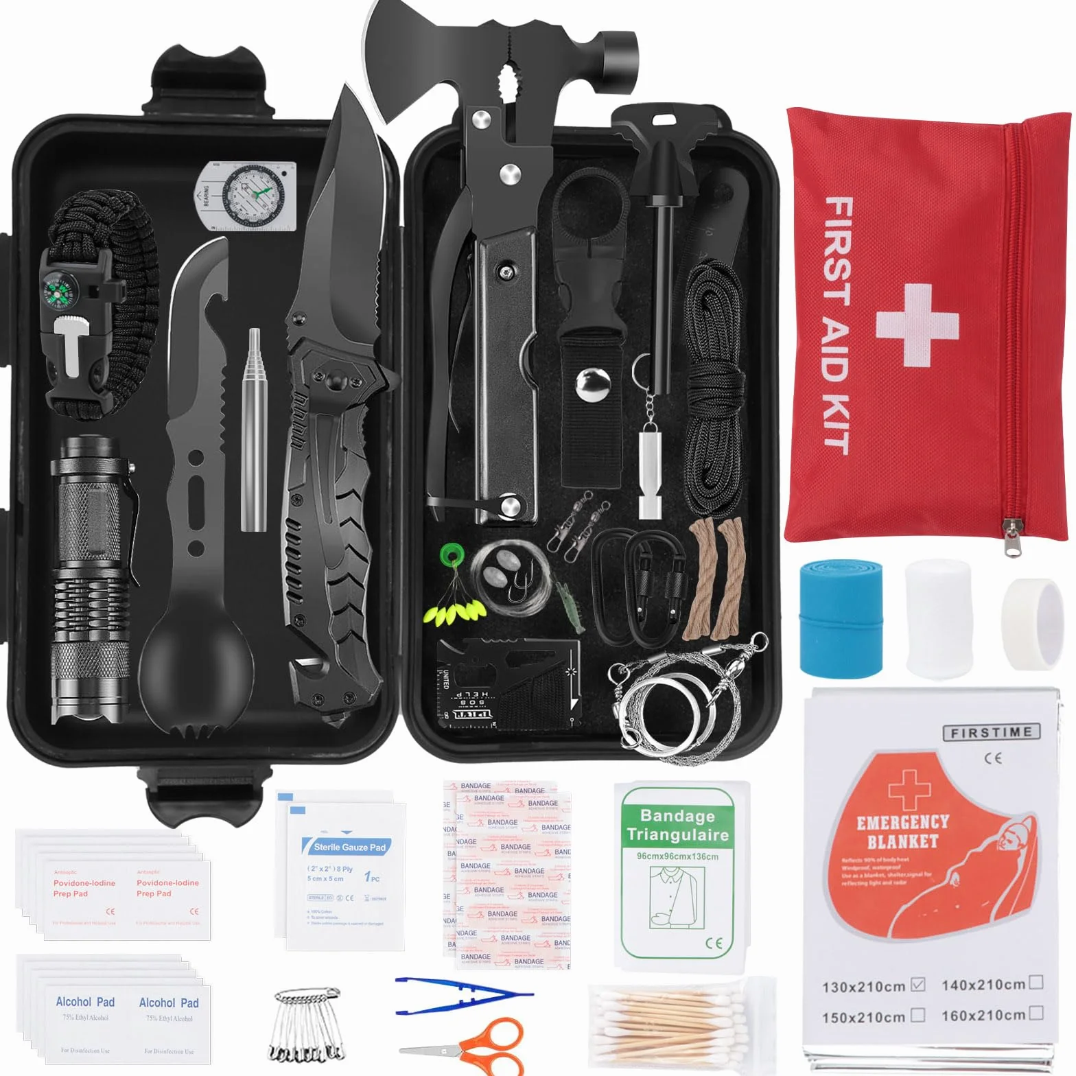 Kit de Supervivencia, 70 en 1 Kit de Supervivencia de Emergencia al Aire Libre, Multifuncional Equipo de Botiquín Primeros Auxilios, Kit de Emergencia para Viajar Caminar Acampar al Aire Montaña
