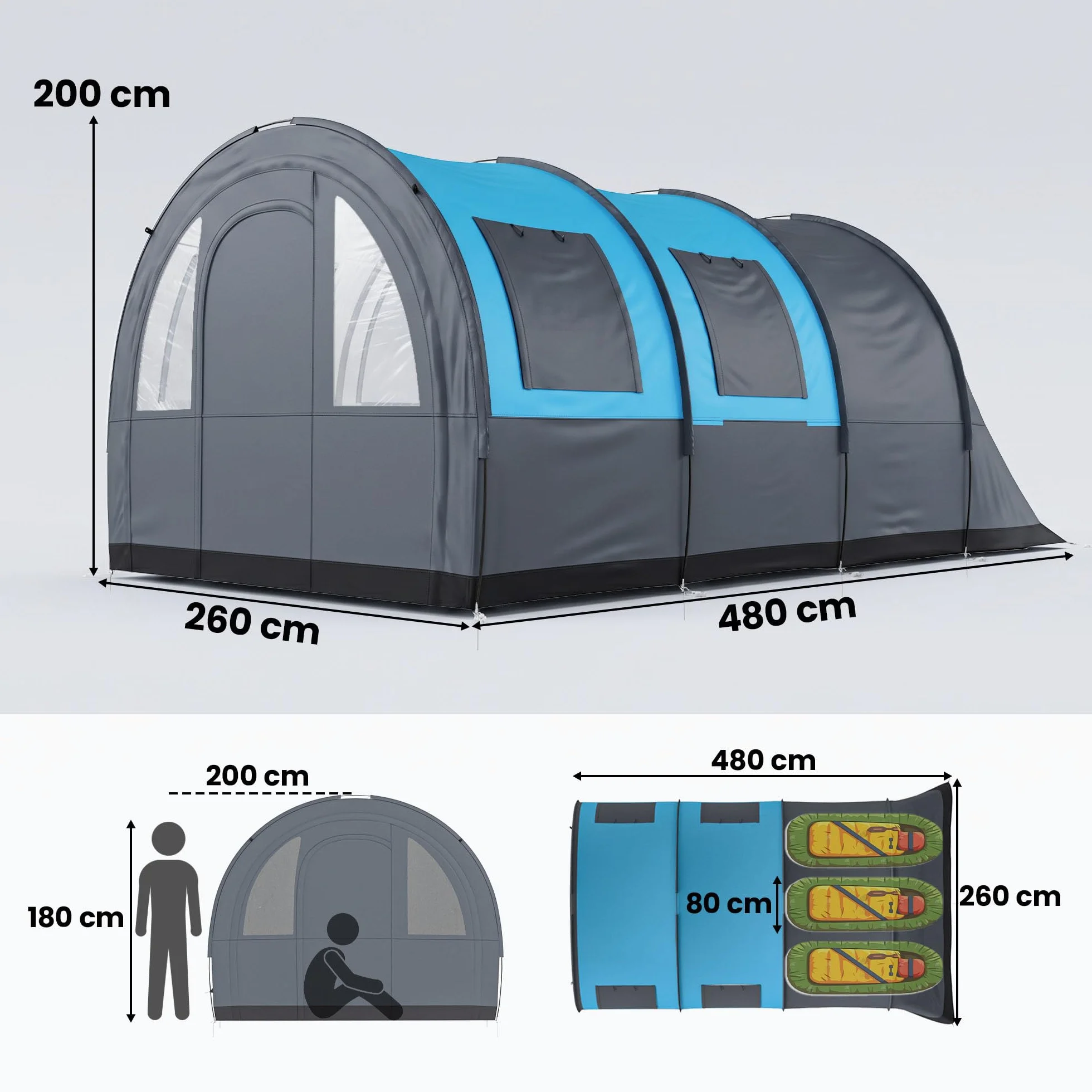 Outsunny Tienda de Campaña Familiar para 3 Personas Tienda de Camping Plegable Impermeable 3000 mm con 2 Habitaciones Puertas y Bolsa de Transporte para Senderismo 480x260x200 cm Gris