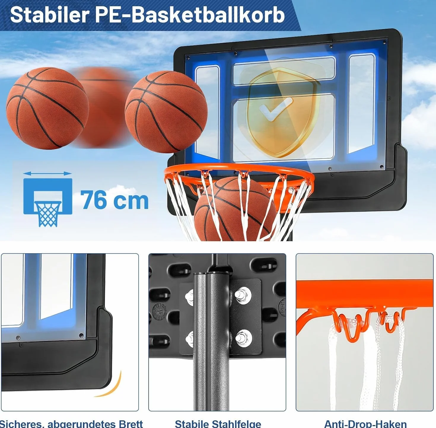 FANTASK Canasta de Baloncesto Ajustable 90-210 cm con Soporte y 2 Ruedas Azul