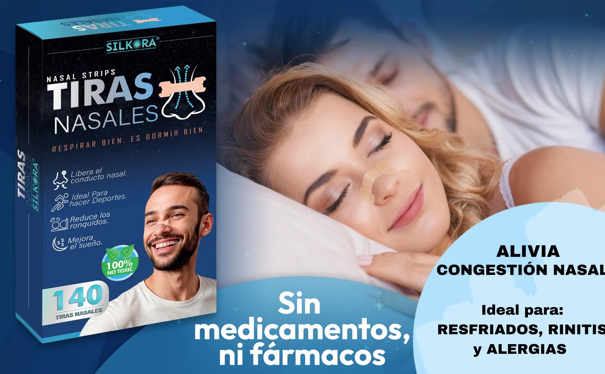 SILKORA® Premium Tiras Nasales Antirronquidos Alivian Congestión Nasal Nose Strips Breathe Right