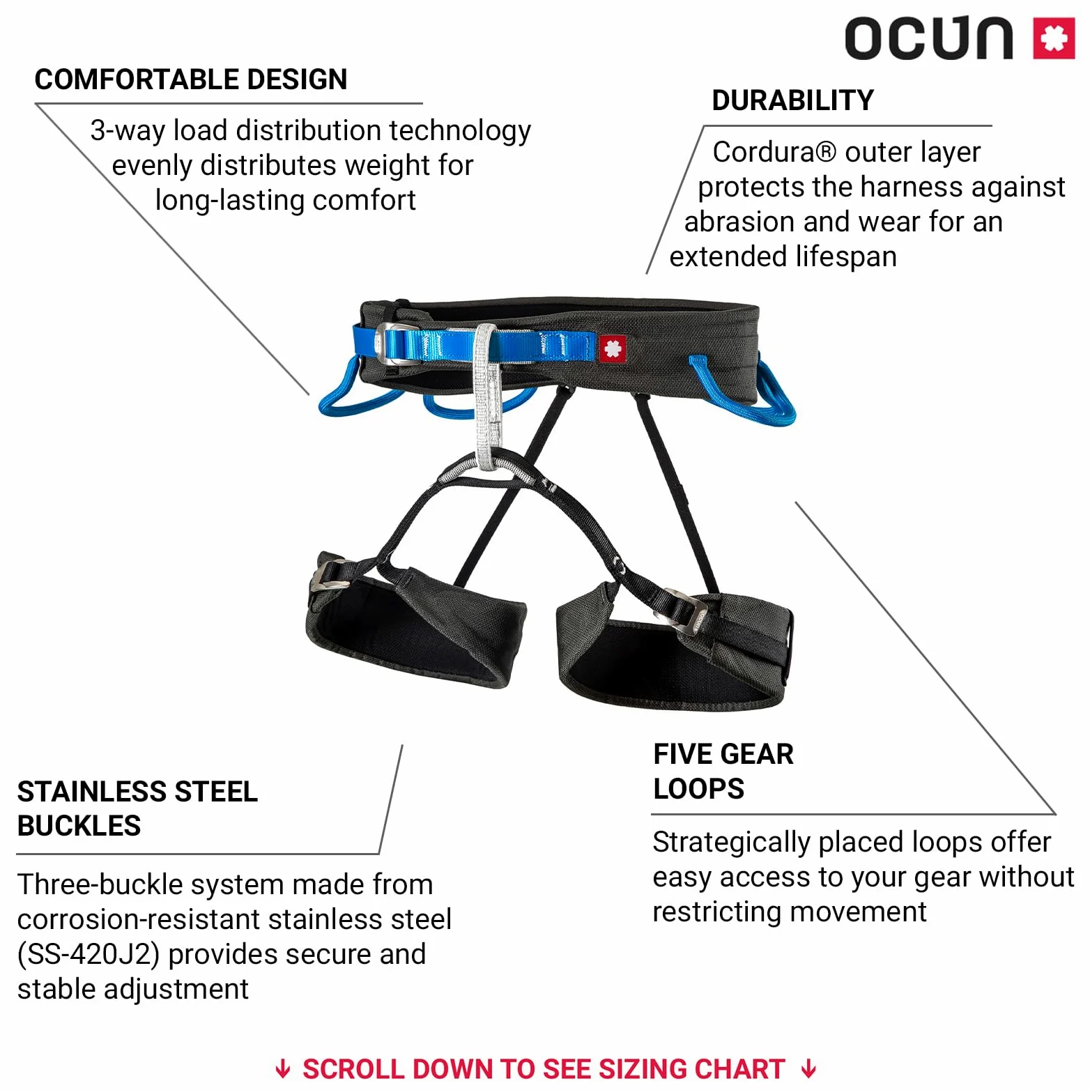 Ocun LEVIT - Arnés de escalada en roca unisex para interiores y alpinos, para hombres y mujeres