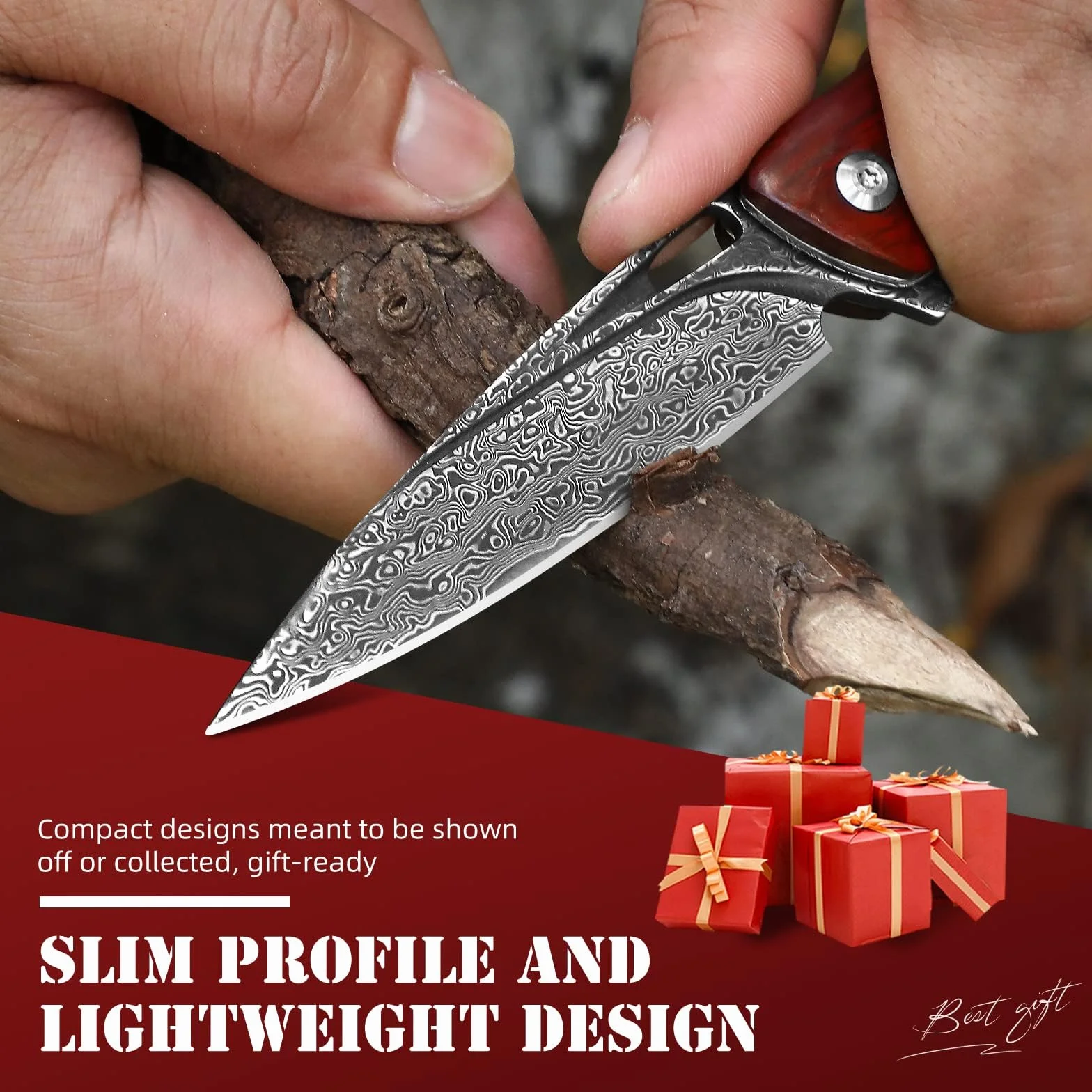 DRACHENADER La navaja de bolsillo plegable de Damasco clip, núcleo de acero VG10 y mango de madera es versátil, fácil de usar y la compañera perfecta para acampar al aire libre.