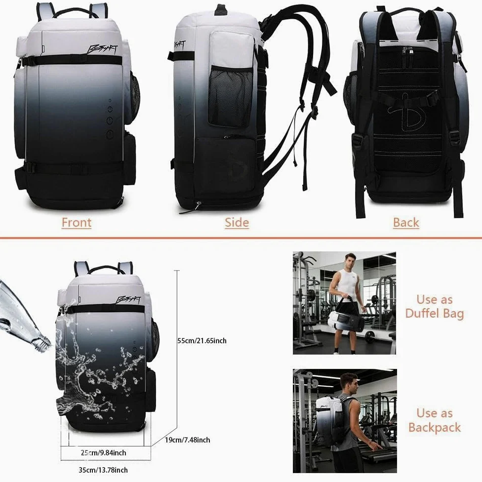 BE SMART - Mochila de gimnasio extragrande de 50 L para hombre, bolsa de gimnasio grande con compartimento para zapatos, bolsas de lona resistentes al agua, Gardient Black, XL, Mochila de lona para