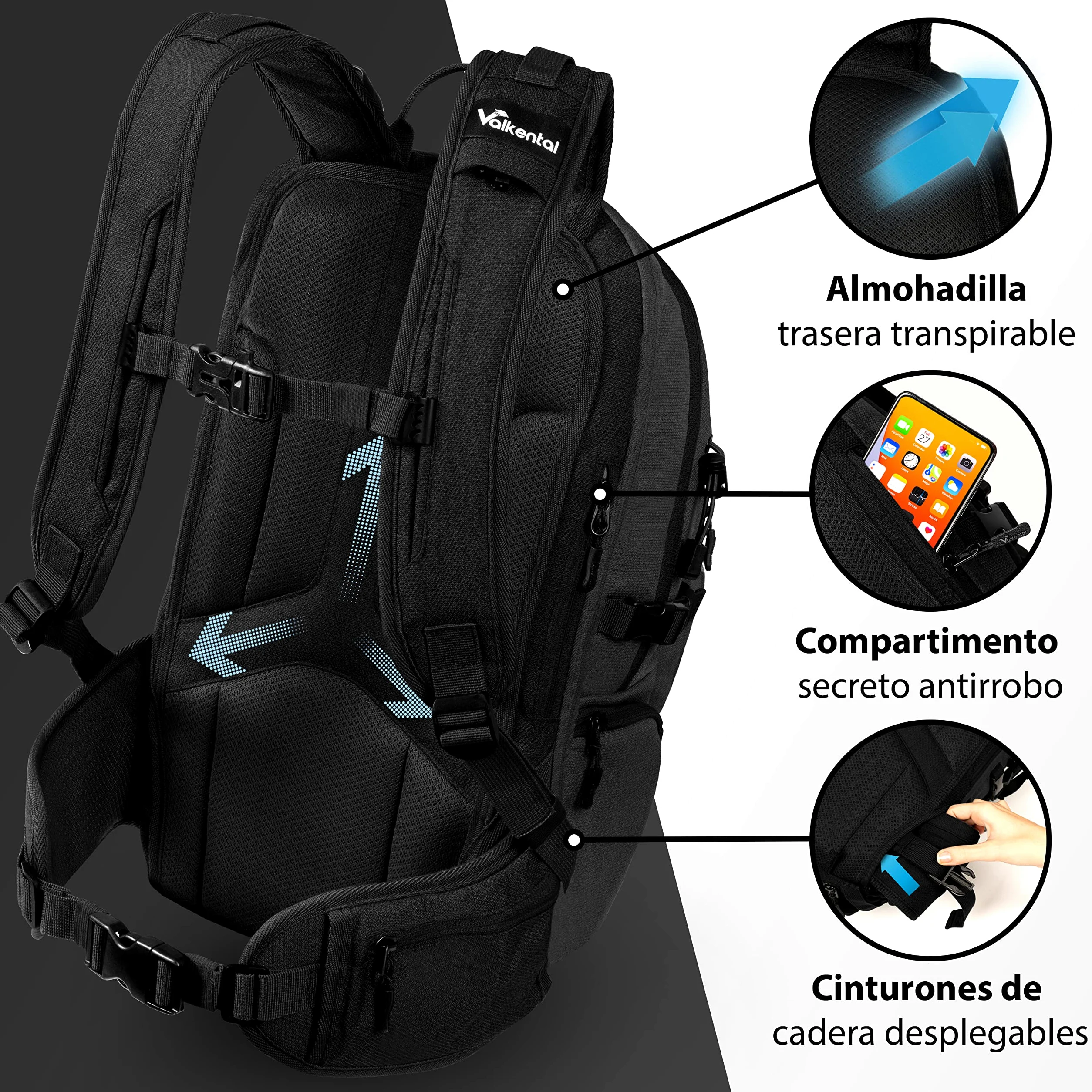 Valkental - Mochila Sostenible con Cinturones de Cadera Ocultables | 22L | Expandible con Riñonera - Perfecta para Senderismo, Trekking, Ciclismo y Uso Outdoor
