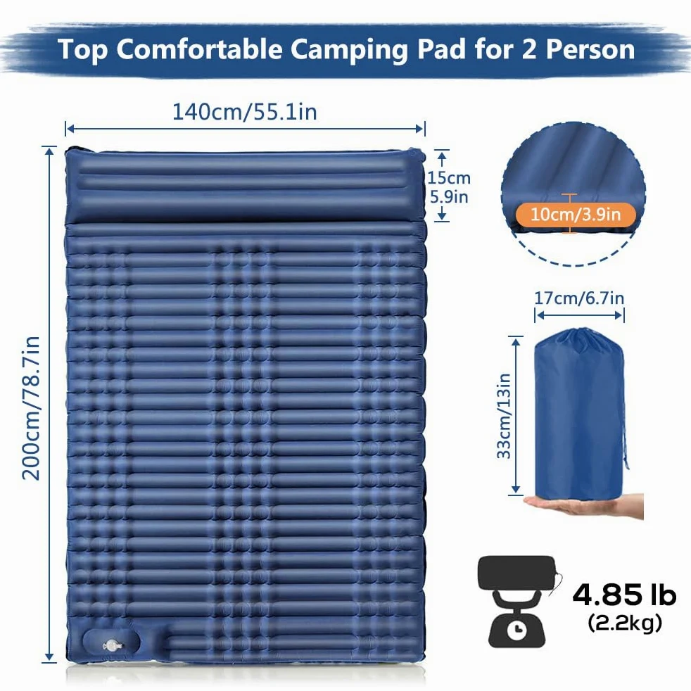 Cama de camping doble autoinflable para adultos con bomba de pie integrada y almohadas, cama de camping portátil autoinflable para mochileros y senderismo