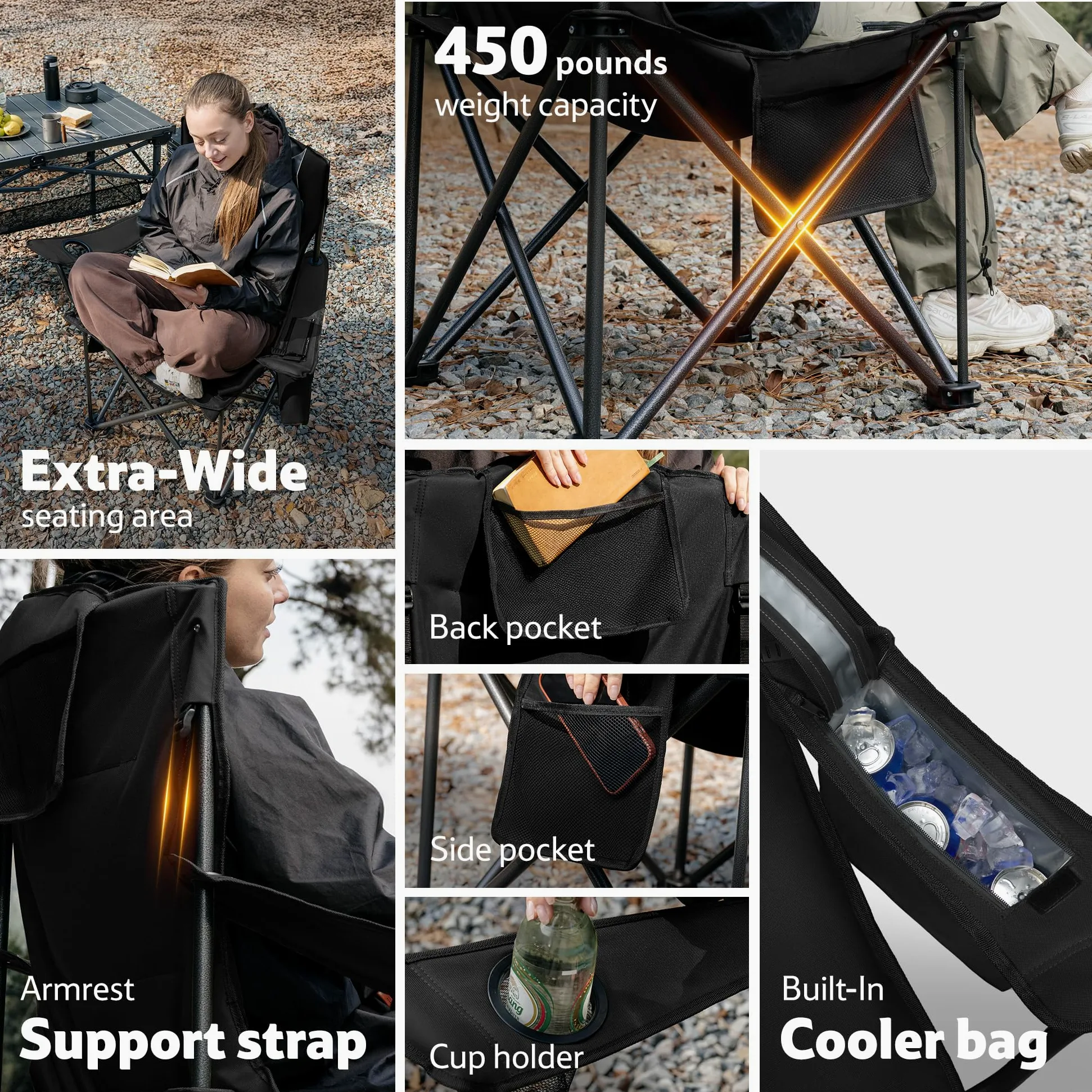 Naturehike 2 sillas de camping portátiles plegables de 200 kg, acolchadas, con soporte para bebidas, silla de pesca, pícnic, jardín, exterior, playa (negro)