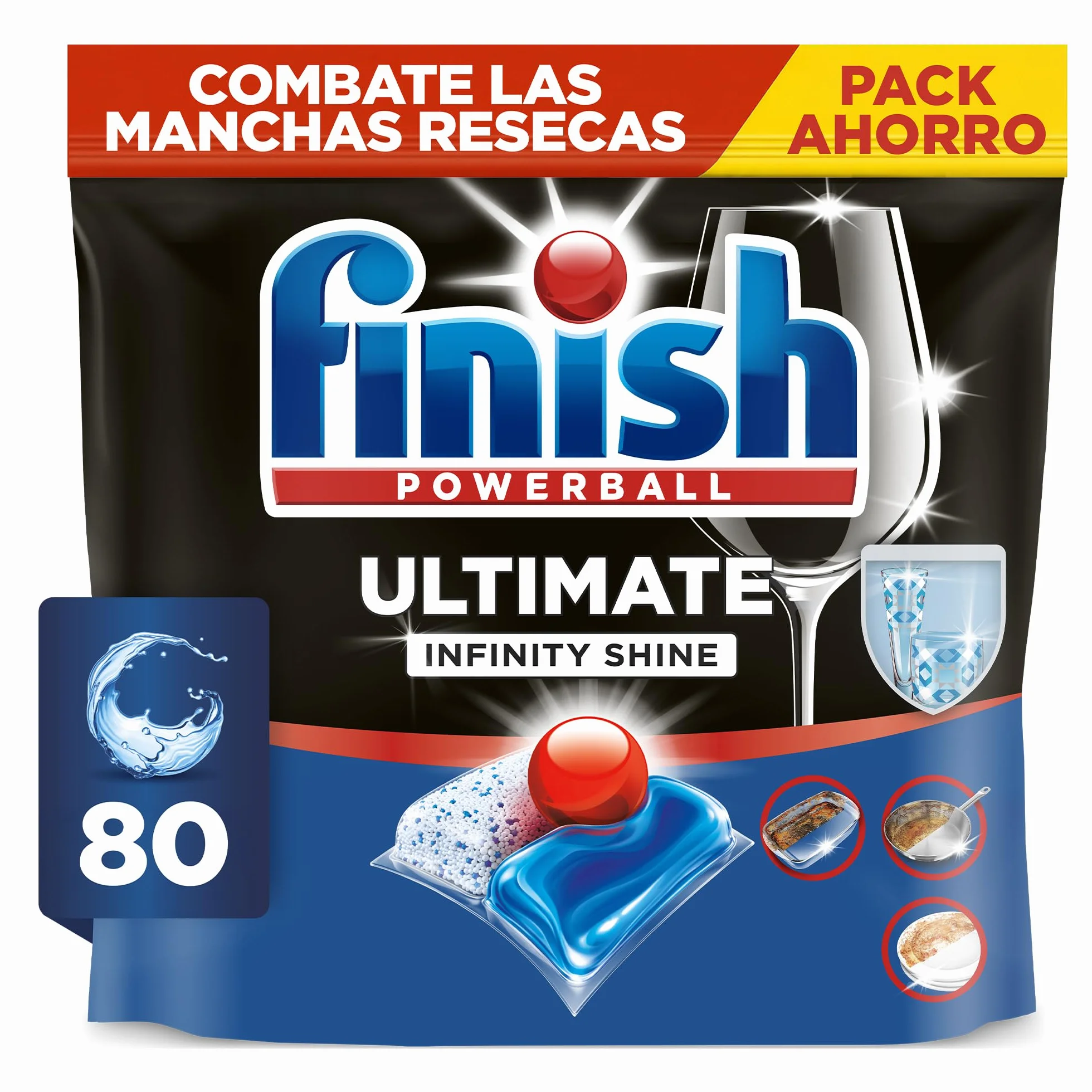 Finish Powerball Ultimate Infinity Shine pastillas lavavajillas quitagrasas protección cristal 80