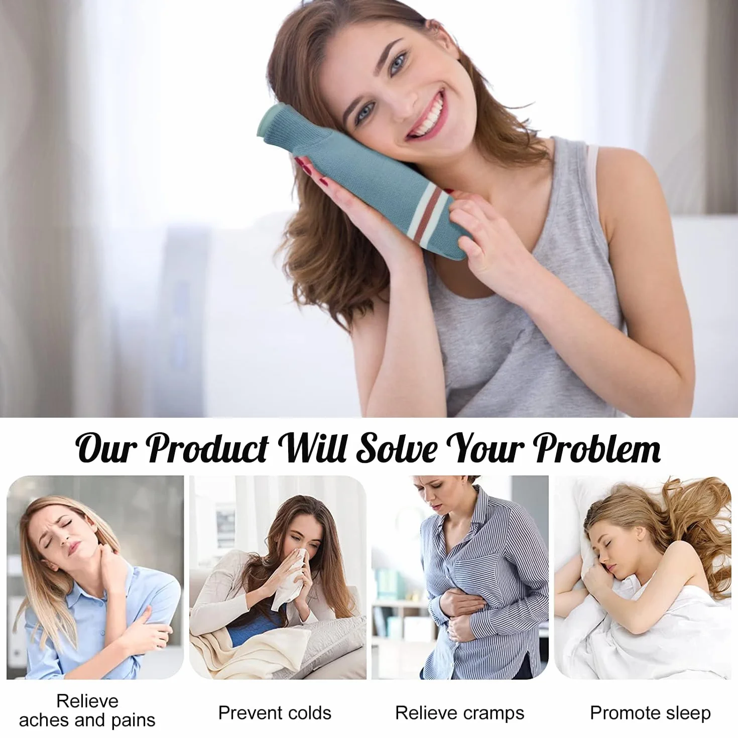 Bolsa de Agua Caliente 2L con Funda de Peluche Antifugas para Dolor Muscular y Menstrual (Azul)