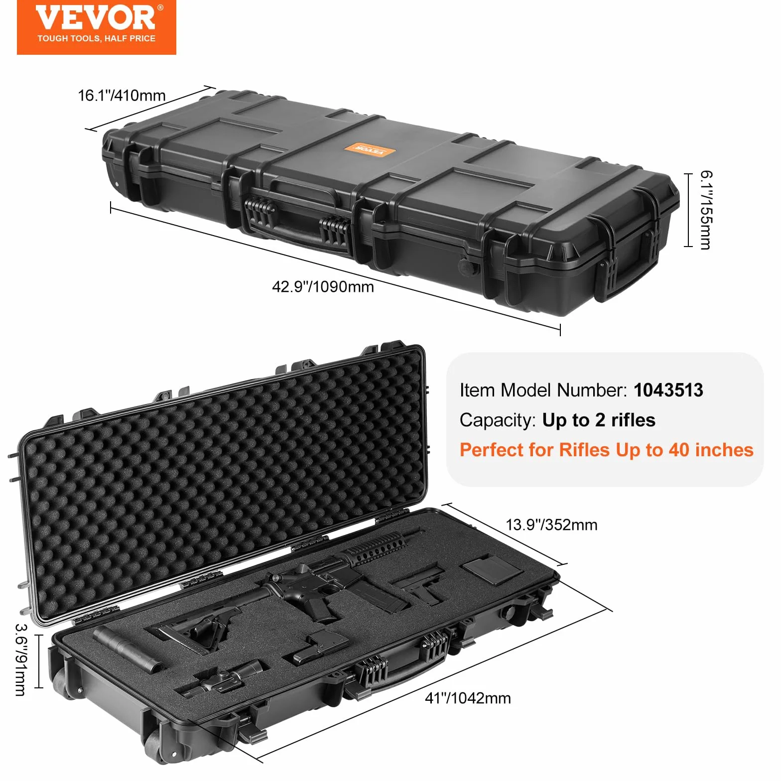 VEVOR Estuche Largo para Armas 109 cm Estuche Rígido para Rifle 3 Capas de Acolchado de Espuma Maletín para Rifle de Caza, con Cerradura, PP, Impermeable, Transporte Conveniente con Ruedas para Rifle