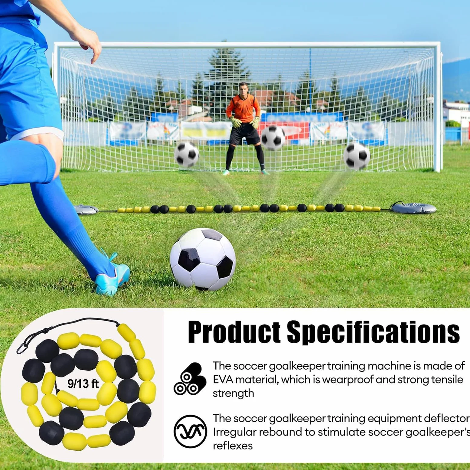 Equipo De Entrenamiento para Porteros De Fútbol, Deflector De Balón De Línea Simple De 2,5 m/4 m con 2 Bolsas De Agua, Múltiples Ángulos De Rebote, Cadena De Rebote para Entrenar Reflejos Y Agilidad