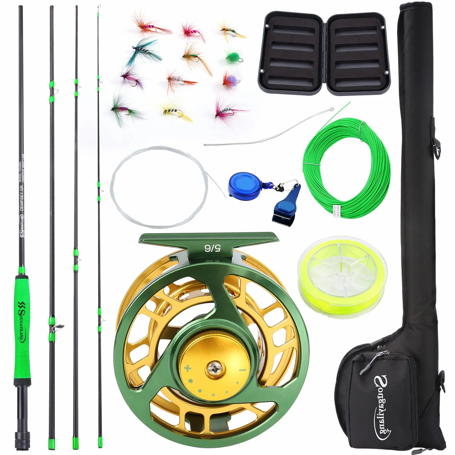 Sougayilang Kit de iniciación de Pesca con Mosca estándar, caña de Pescar de 9 pies de Peso de 5/6 con Mango de superpolímero, Accesorios, Funda de Transporte, Caja de Moscas y Moscas de Pesca