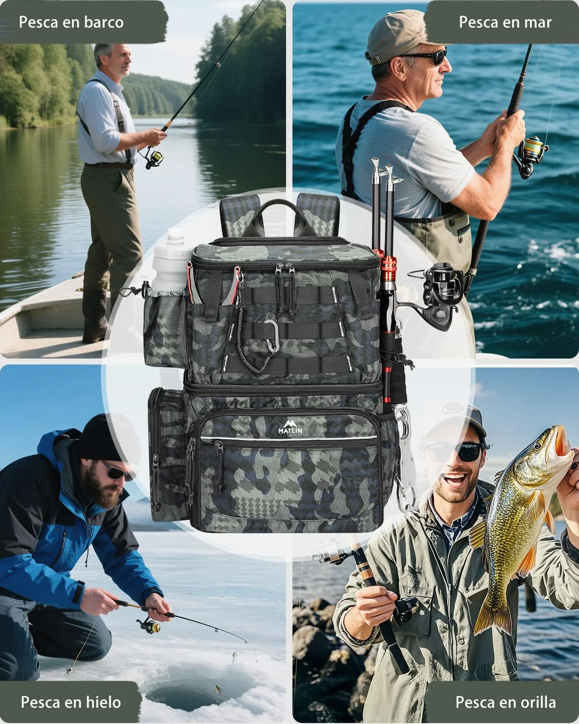 MATEIN Mochila Pesca Impermeable con 4 Cajas Aparejos y Soporte Caña Camuflaje
