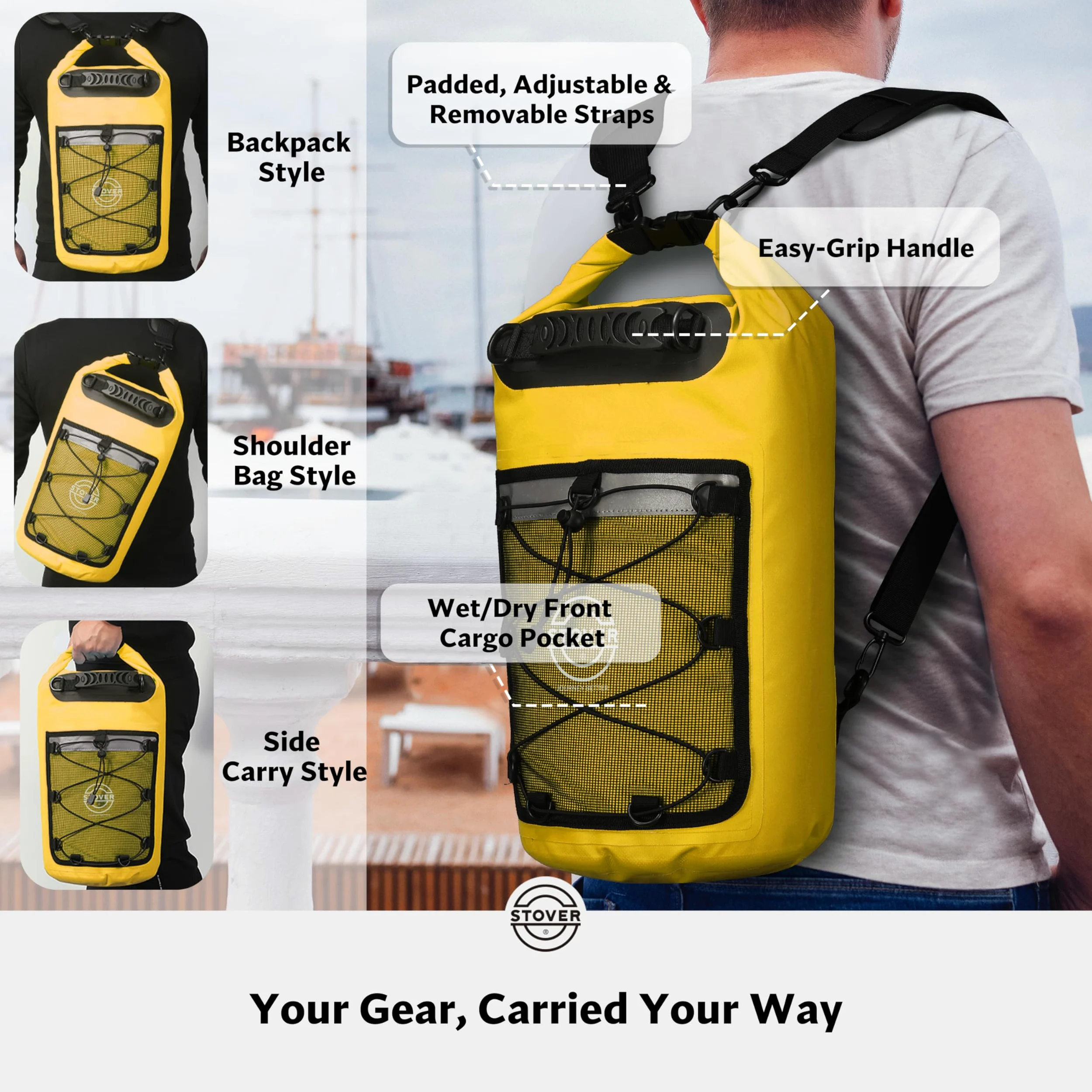 STOVER Bolsa seca impermeable de 25/30/40/55 L, mochila seca resistente con parte superior enrollable para kayak, canotaje, camping, hombres y mujeres, 25 l+ amarillo, 25L, Bolsa seca