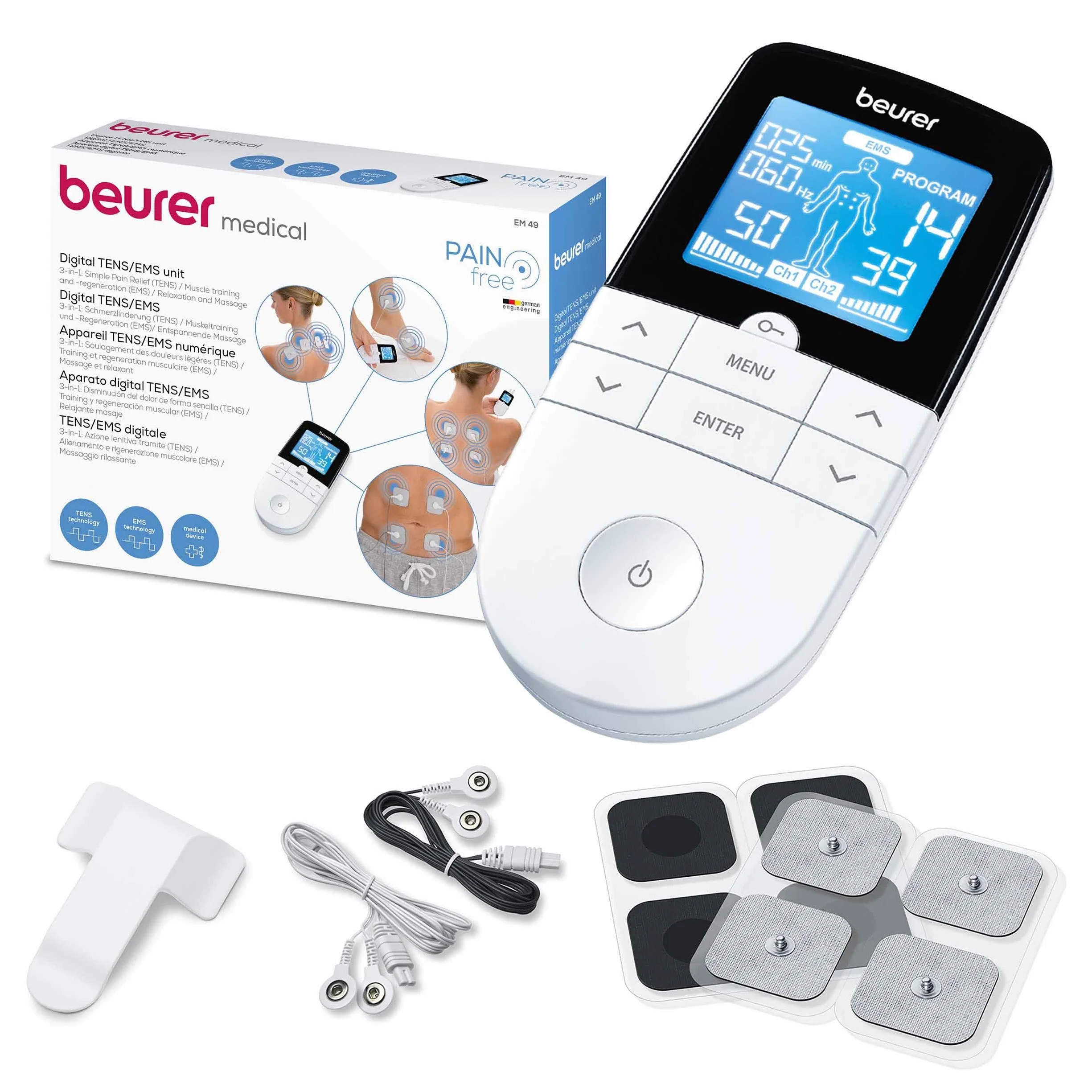 Beurer EM 49 TENS/EMS Digital 3 en 1 Estimulador Muscular para Alivio del Dolor y Entrenamiento, Masaje, 4 Electrodos, Blanco