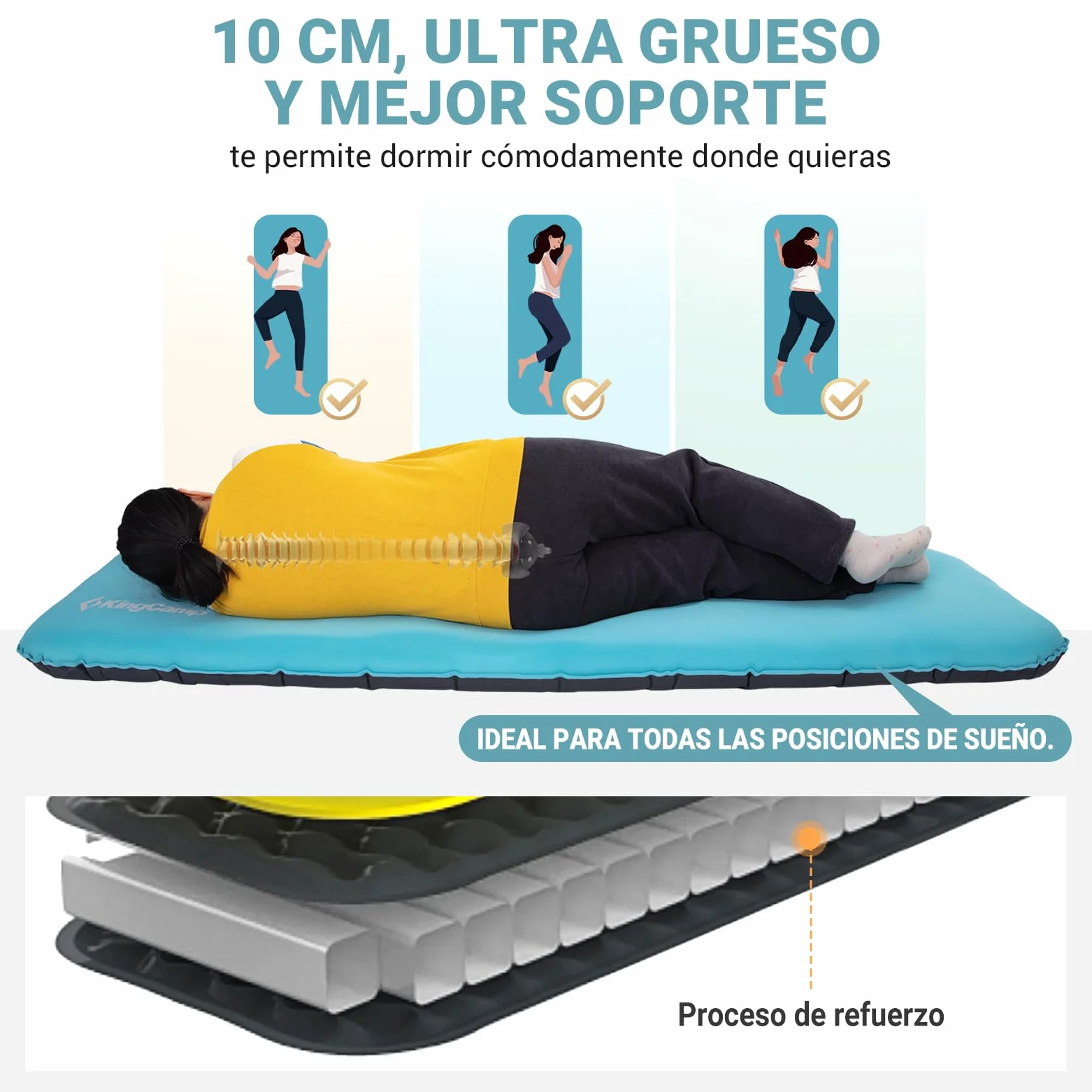 KingCamp colchoneta Inflable de Camping colchoneta Espuma Memoria Individual 10 cm Espesor colchoneta Inflable colchoneta de Camping Suave 50D TPU elástico Impermeable para Senderismo mochilero