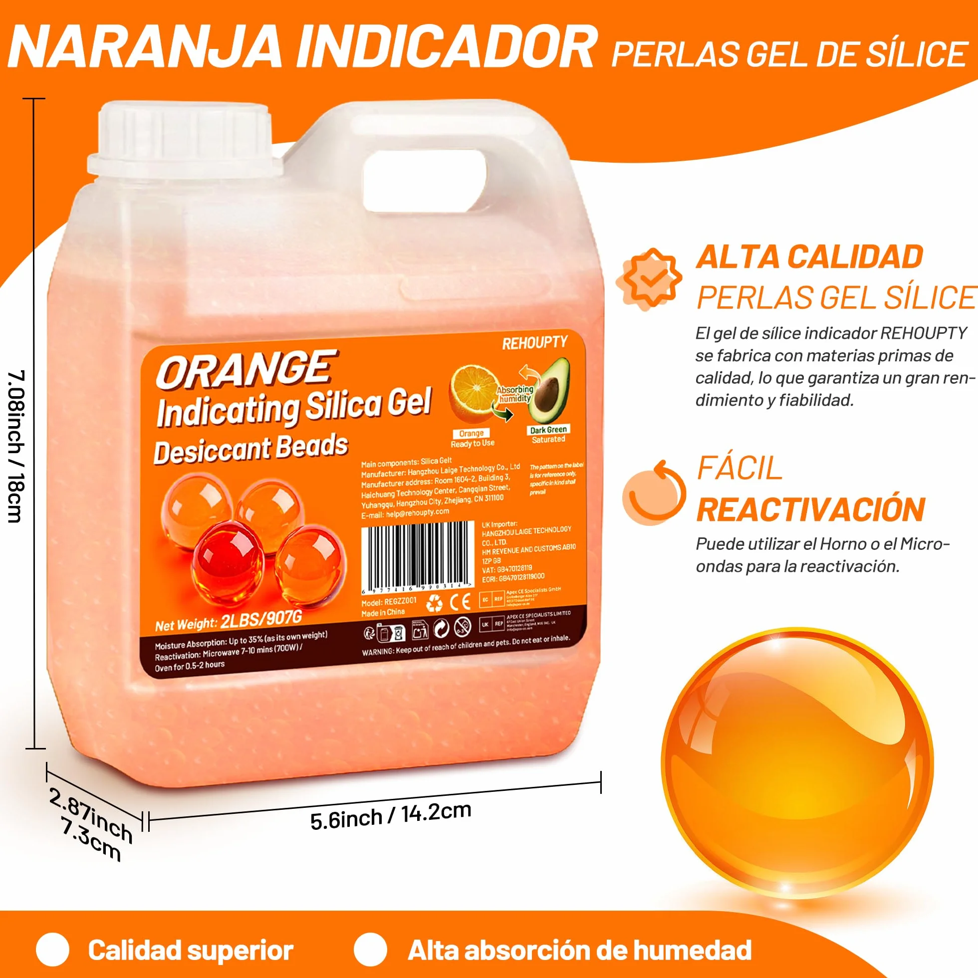 Naranja Gel de Sílice 907g, Perlas Desecantes 3-5mm Reutilizables para Filamento 3D