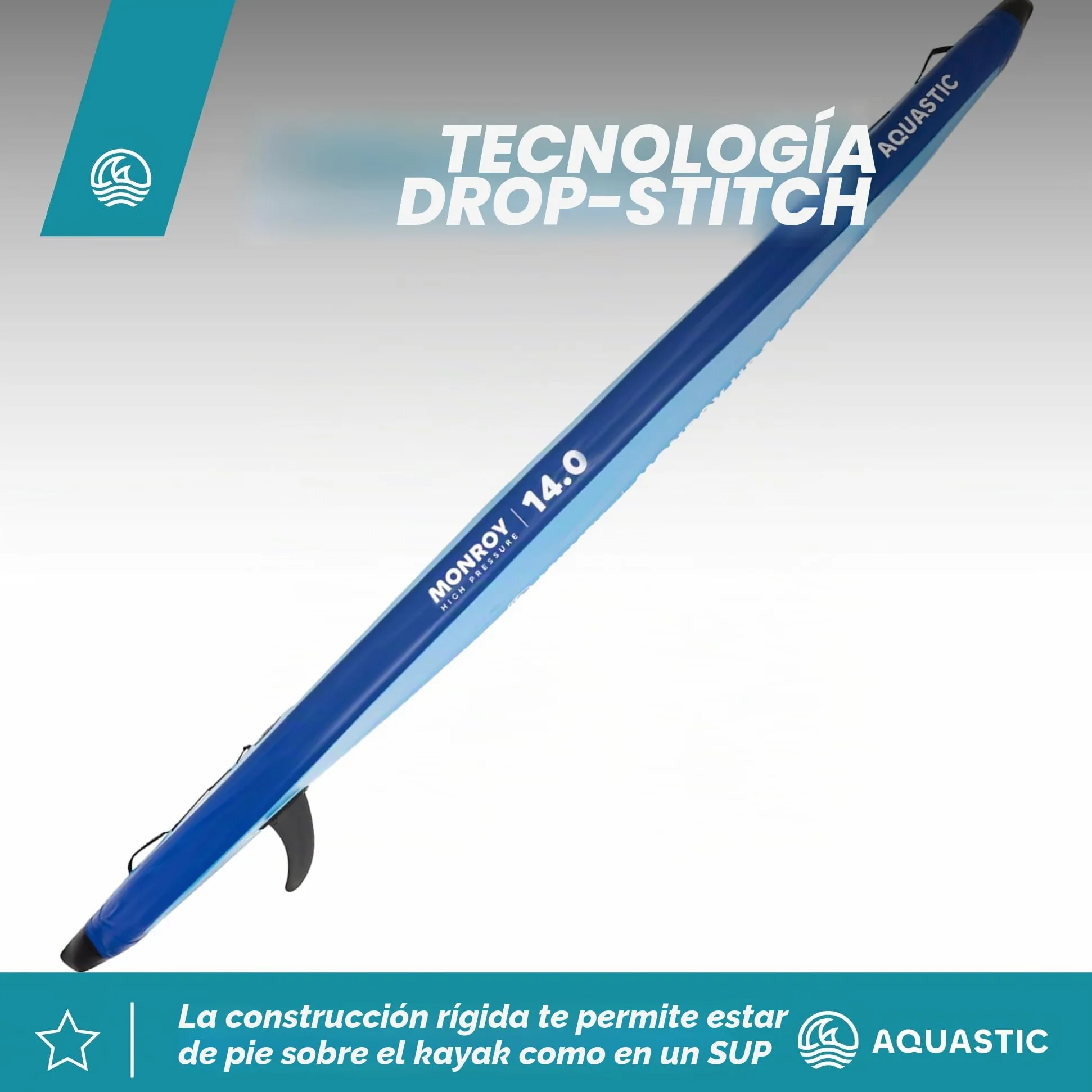 AQUASTIC Monroy 14'0" - Kayak Hinchable y Sup Hybrid Drop-Stitch, 2 cámaras en V, Estable, Capacidad de Carga de hasta 250 kg, Equipamiento: 2 Asientos, Paleta, Bomba, lastre, Mochila