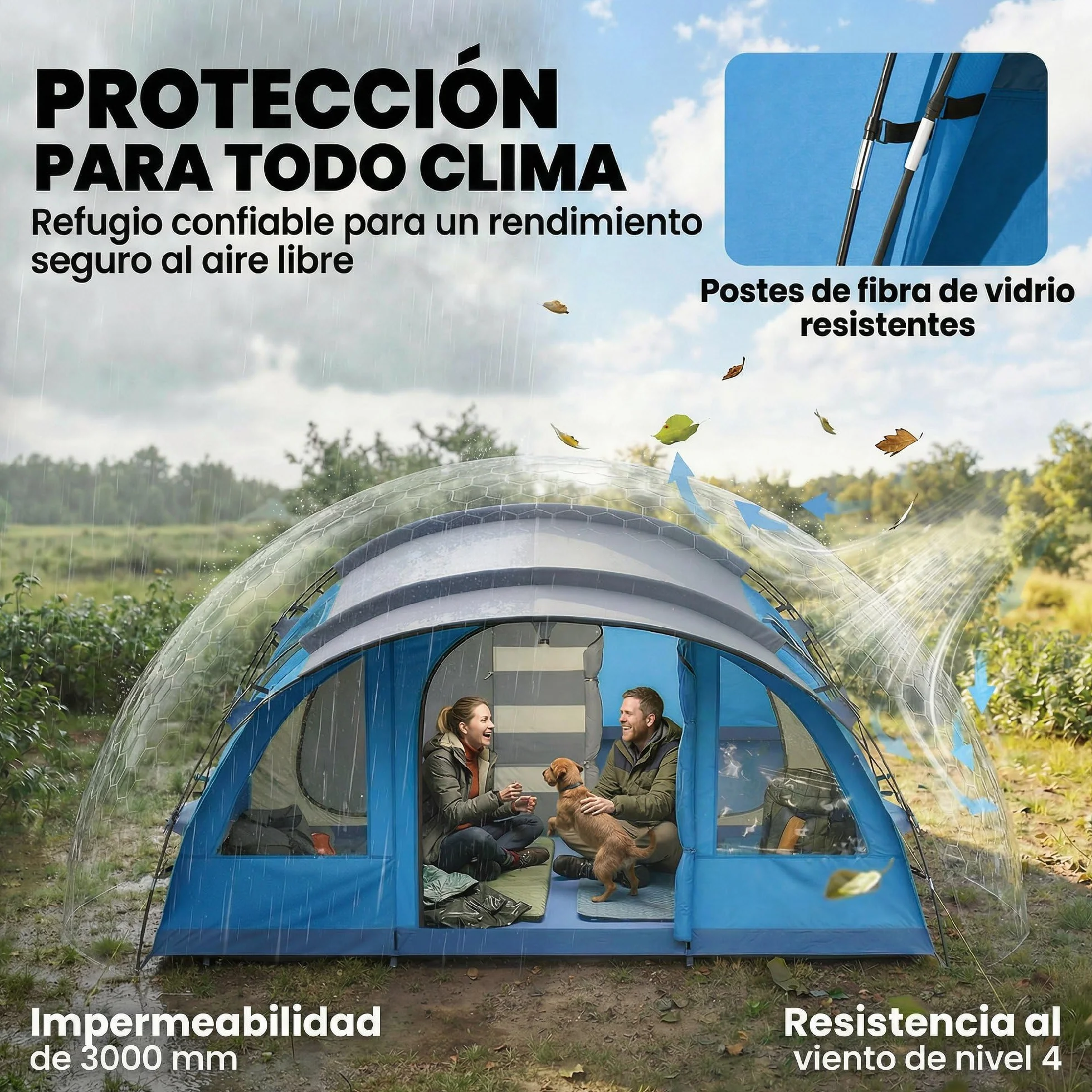 Outsunny Tienda de Campaña Familiar 5 Personas Tipo Túnel 3 Habitaciones Impermeable 3000 mm Azul