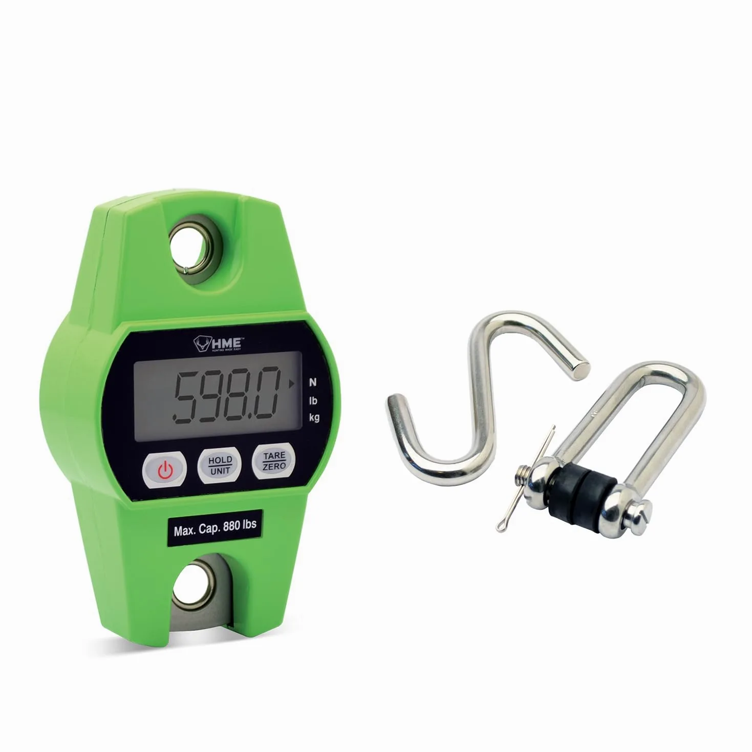 HME Báscula colgante digital de caza duradera y versátil con función de tara, peso máximo de 400 kg, 2 baterías incluidas, gancho de hierro, función de modo N/lb/kg