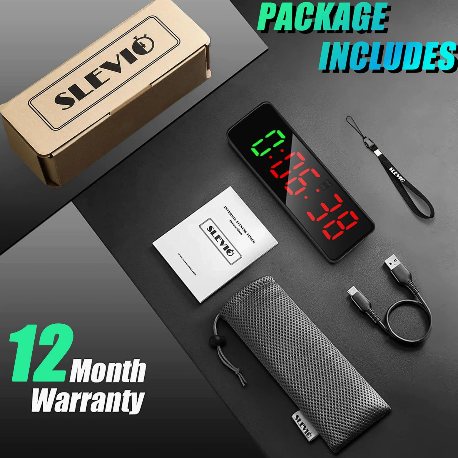 Temporizador portátil de entrenamiento de gimnasio, reloj de fitness con caja de goma y lomo magnético integrado, pantalla digital LED grande anti vértigo, para el hogar, garaje, escuelas