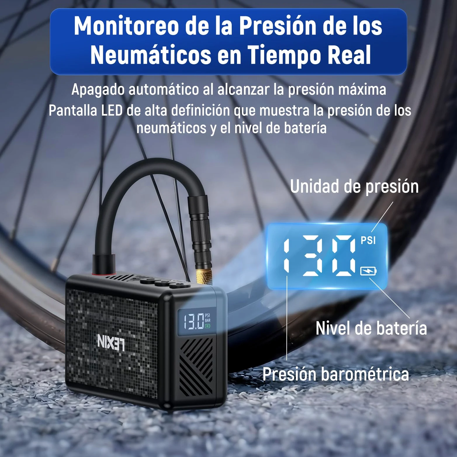 LEXIN P2 Mini Bomba para Bicicleta, 130 PSI, Ultra-Ligero, Pantalla LCD | Compresor Portátil para Bicicleta con Batería 700mAh, Válvulas Presta y Schrader, para Bicicleta/Moto/Bola/Scooter
