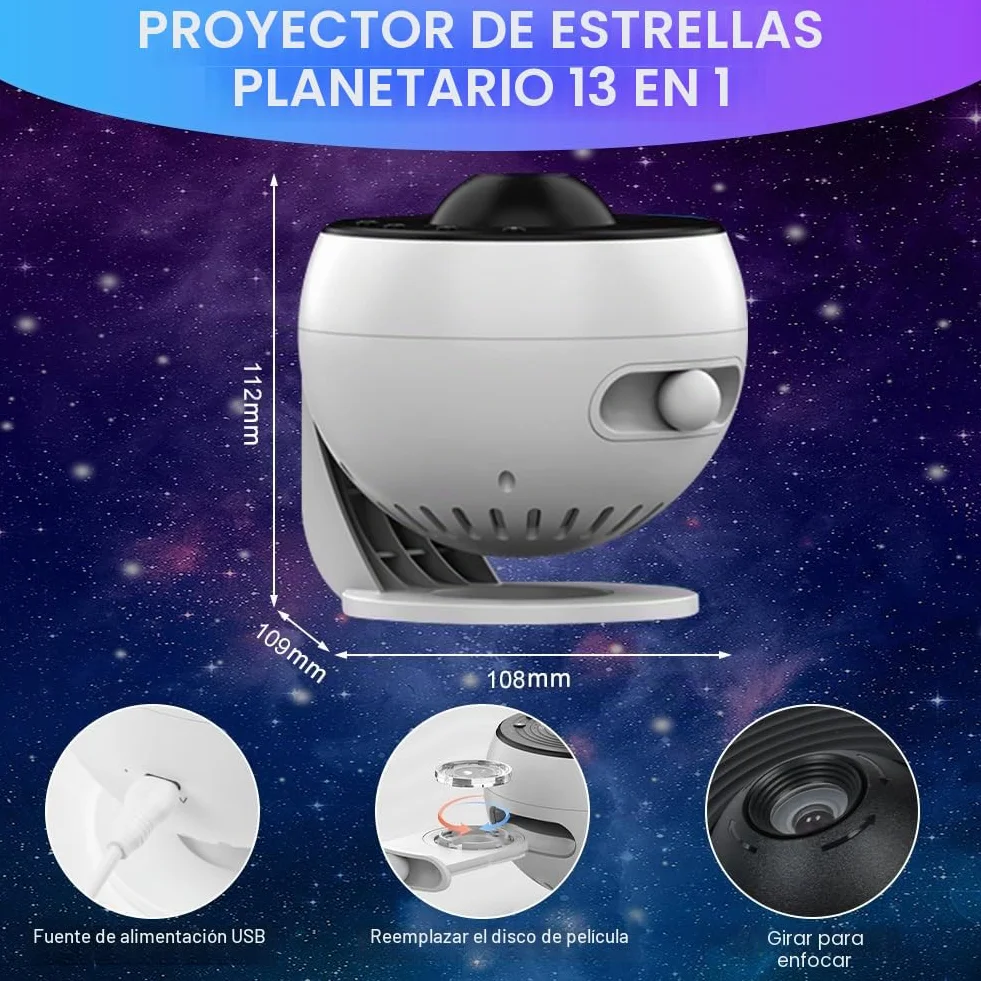 Proyector de Cielo Estrellado con 12 Discos Planetarios, Rotación 360°, Control Remoto