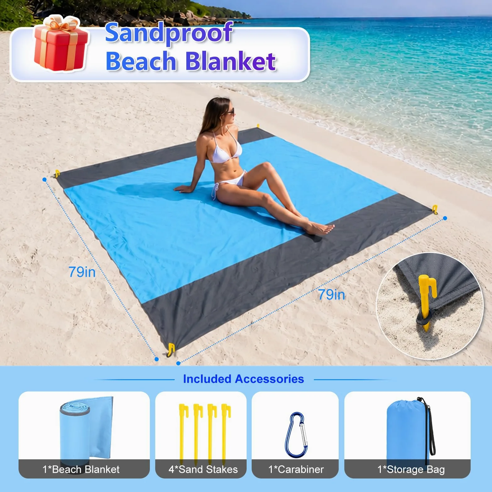 Tienda de Playa UPF50+ con Esterilla, Toldo Solar Antiviento Portátil | Refugio con Anclajes de Arena y Barras de Aluminio, Fácil Montaje para Camping, Playa y Picnic, 10x10FT Azul Cielo