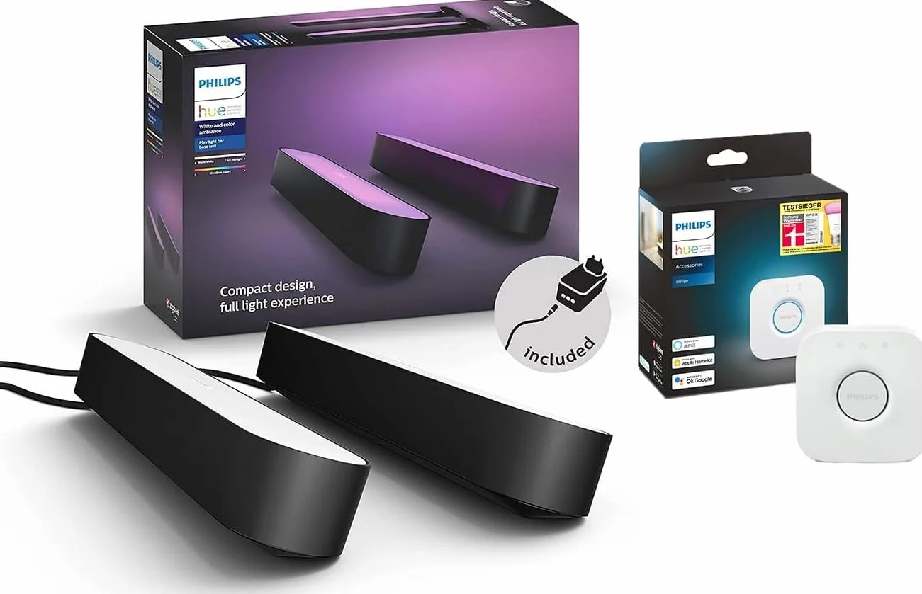 Philips Hue Play Light Bar Starter Kit, White & Color, with Hue Bridge, Compatible with Alexa, Google Assistant, Apple HomeKit, Black, 2-Pack