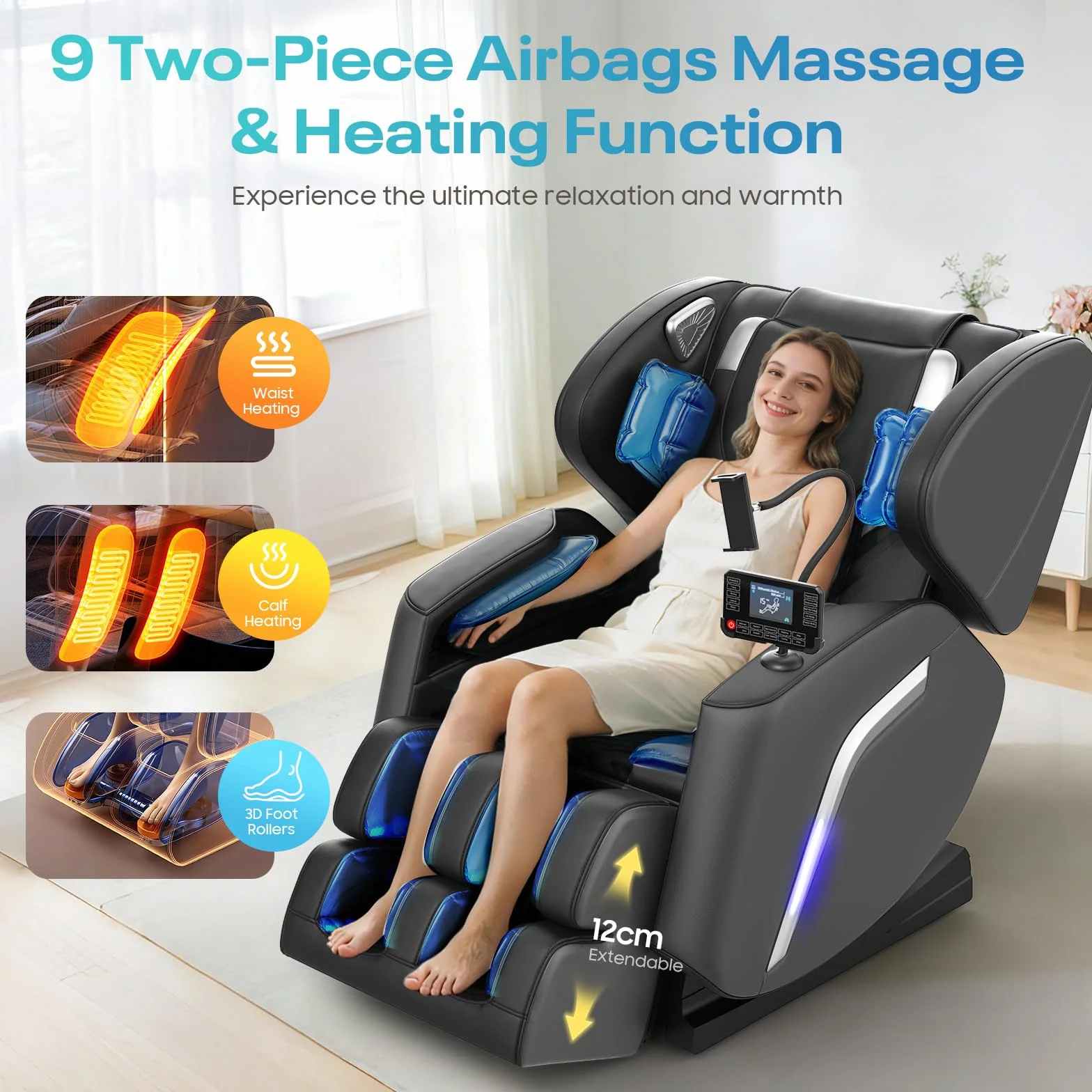 Sillón de Masaje con Calor, 14 Rodillos, 9 Bolsas de Aire, Masaje de Pies, Bluetooth, Control por Teléfono, Panel Táctil, Reclinable Gravedad Cero