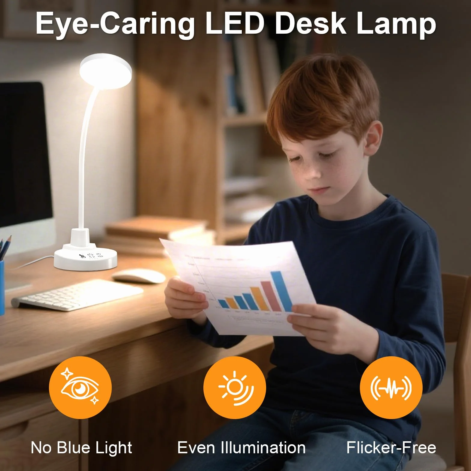 Lámpara de escritorio LED 15W regulable USB-A USB-C 3 temperaturas de color 5 niveles de brillo cuello cisne flexible 360° protección ojos