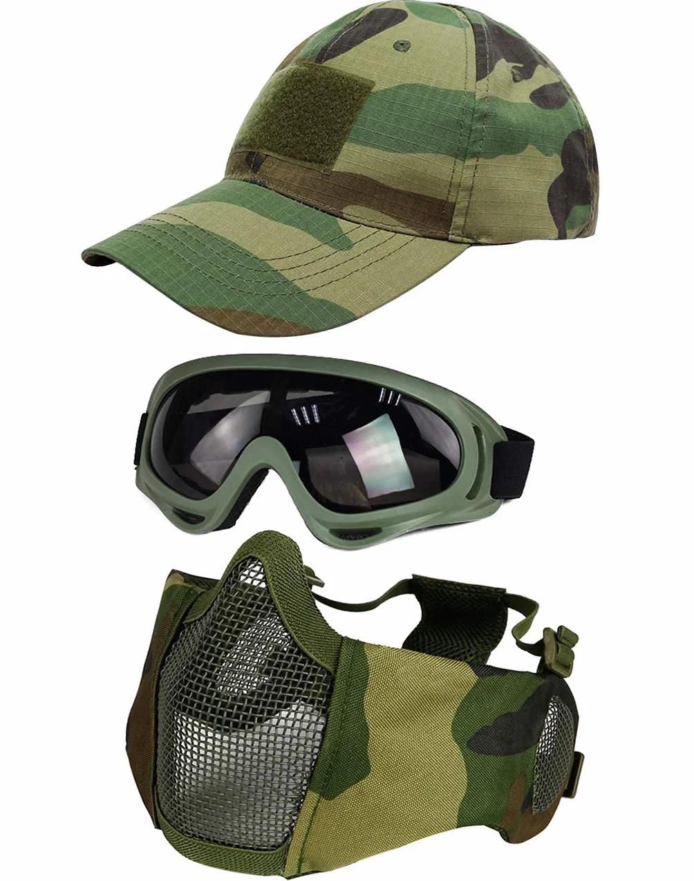 Juego de 3 máscaras tácticas de Airsoft para béisbol,máscara de Malla de Media Cara Ajustable con protección para los oídos,Gafas Anti UV,Gafas de Airsoft para Aire Libre