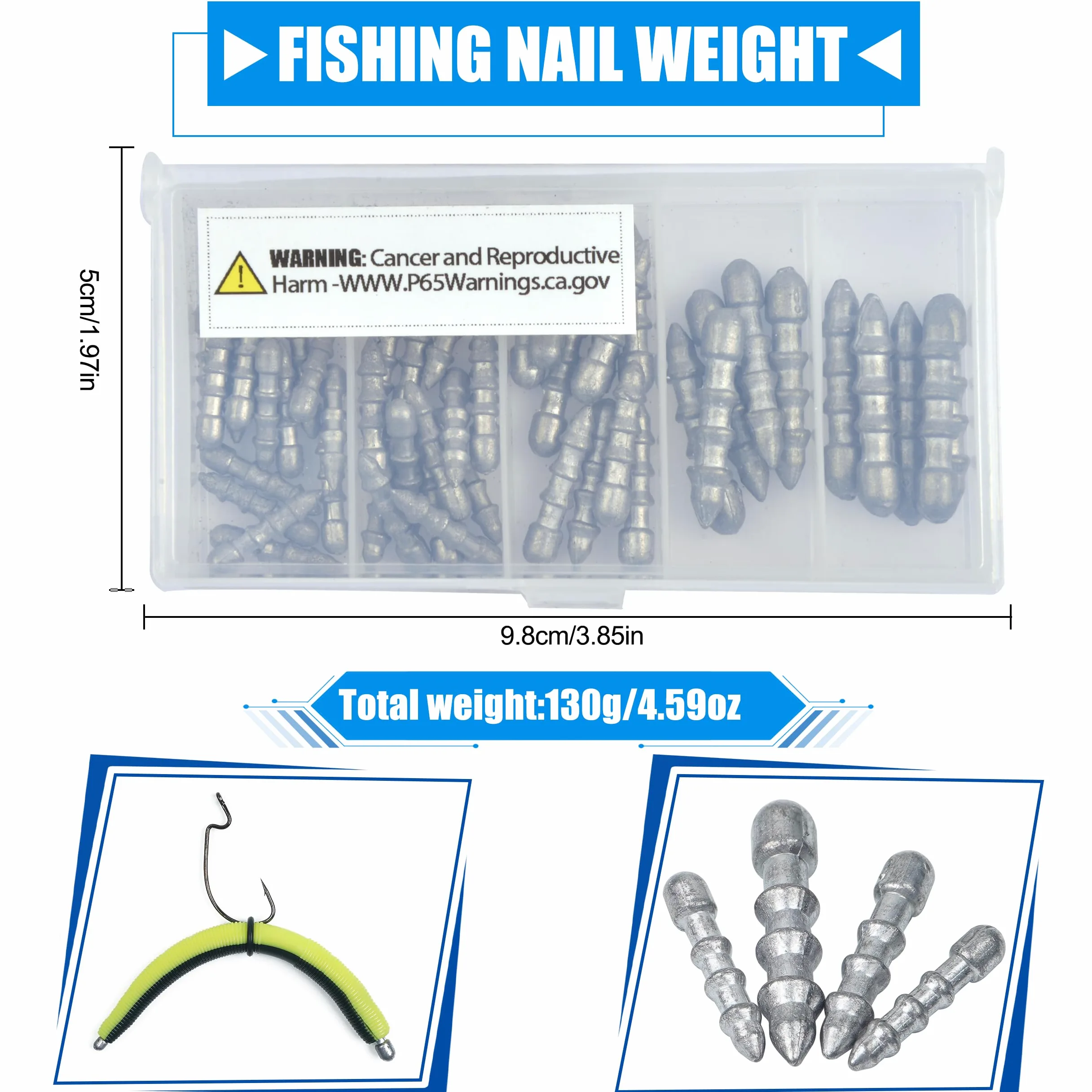 Kit de pesas de uñas de pesca, 50 piezas de plomos de inserción, pesas de gusano loco para pesca de lubina, señuelos de plástico suave, plomos de pesca de uñas, equipo de pesca de uñas, equipo de
