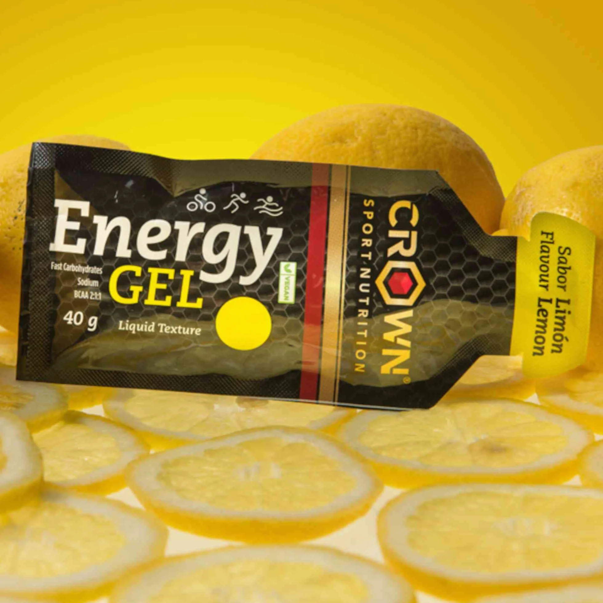 Crown Sport Nutrition Energy Gel Carbohidratos BCAA Arginina Taurina Electrolitos Vegano Sin alérgenos