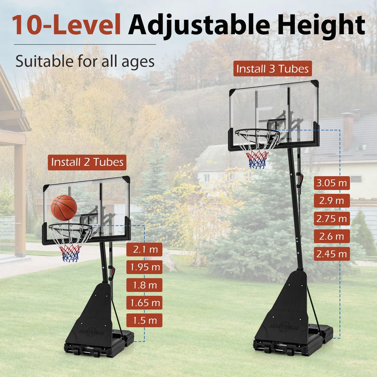 LIFEZEAL Canasta de Baloncesto Ajustable en Altura de 1,50 a 3,05 m, Soporte de Baloncesto portátil con Tablero de PC, Soporte rellenable, Sistema de Baloncesto para niños y Adultos