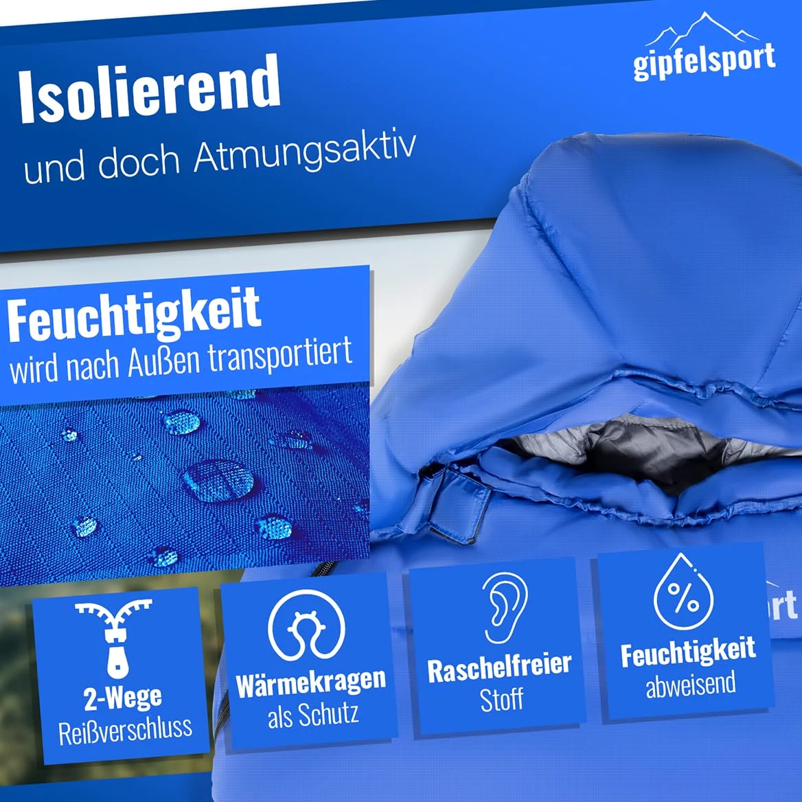 gipfelsport Saco de Dormir - Saco de Dormir Rectangular de Exterior para Adultos y Niños | para Invierno, Otoño y Primavera