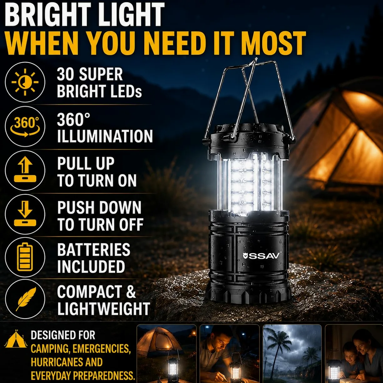 SSAV Paquete de 2 faroles LED de camping, linternas de emergencia para cortes de energía y preparación para huracanes, luces de supervivencia portátiles plegables para camping, tormentas y emergencias