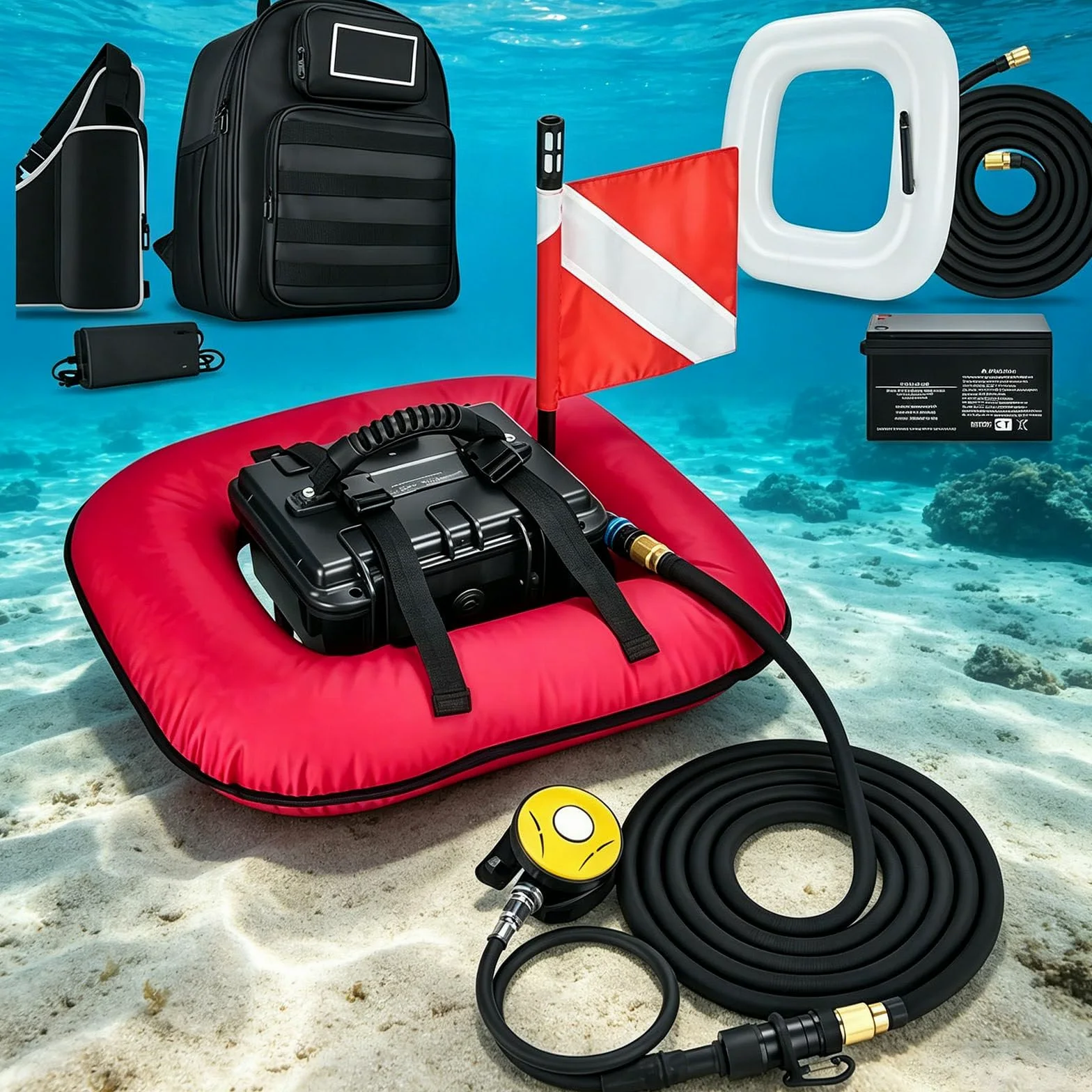 Sistemas de Buceo sin Tanque con Ventilador, Dispositivo de respiración subacuática Red | Respirador portátil recargable para buceo con compresor de aire, manguera de 9 m y regulador de respiración.