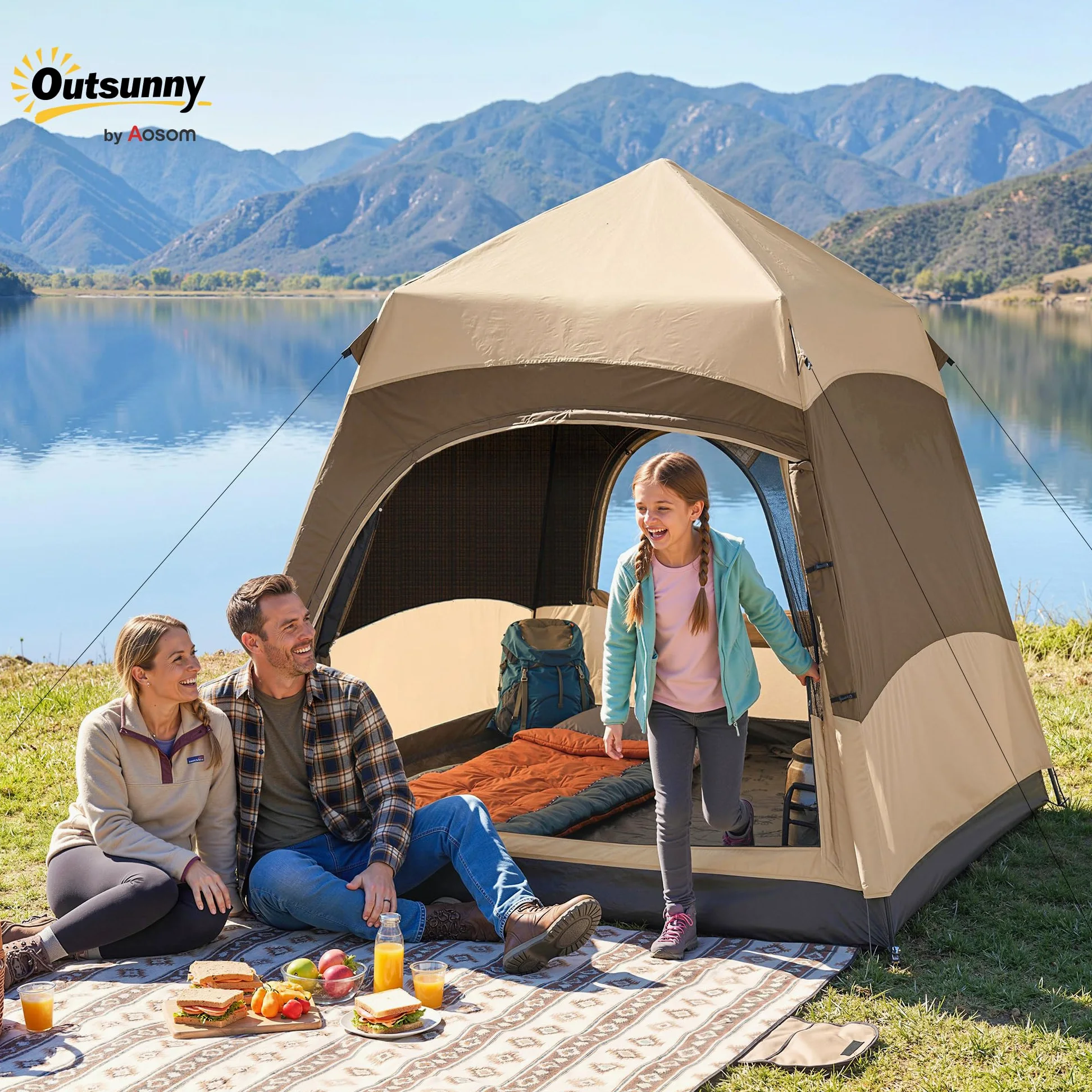 Tienda de campaña instantánea de Doble Capa Outsunny con toldo Impermeable, Tienda Domo Hexagonal para 4 Personas, Refugio de Camping portátil con Suelo Cosido y Bolsa de Transporte, Ideal para
