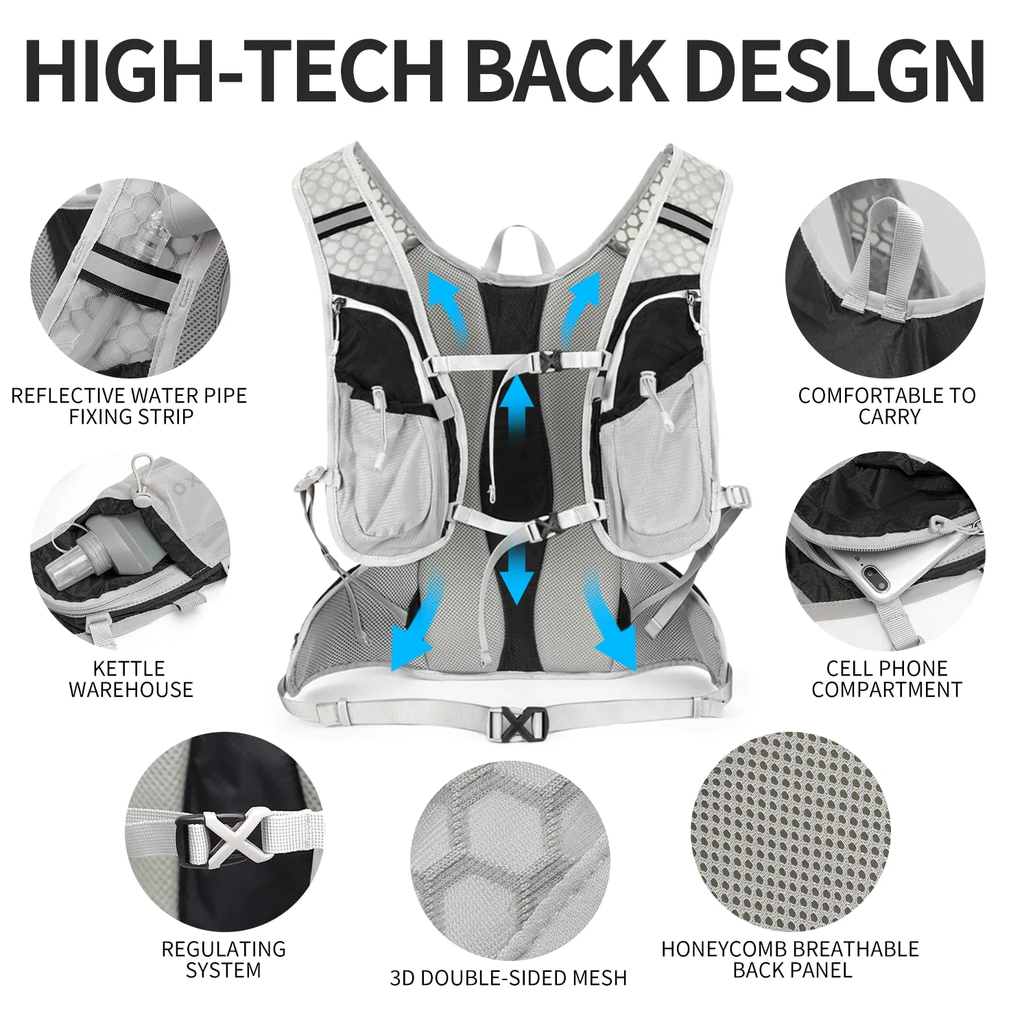 IX INOXTO Mochila de hidratación, mochila de agua ligera con bolsa de hidratación de 2 litros para hombres y mujeres, chaleco de hidratación para correr, senderismo, ciclismo, escalada (negro y gris)