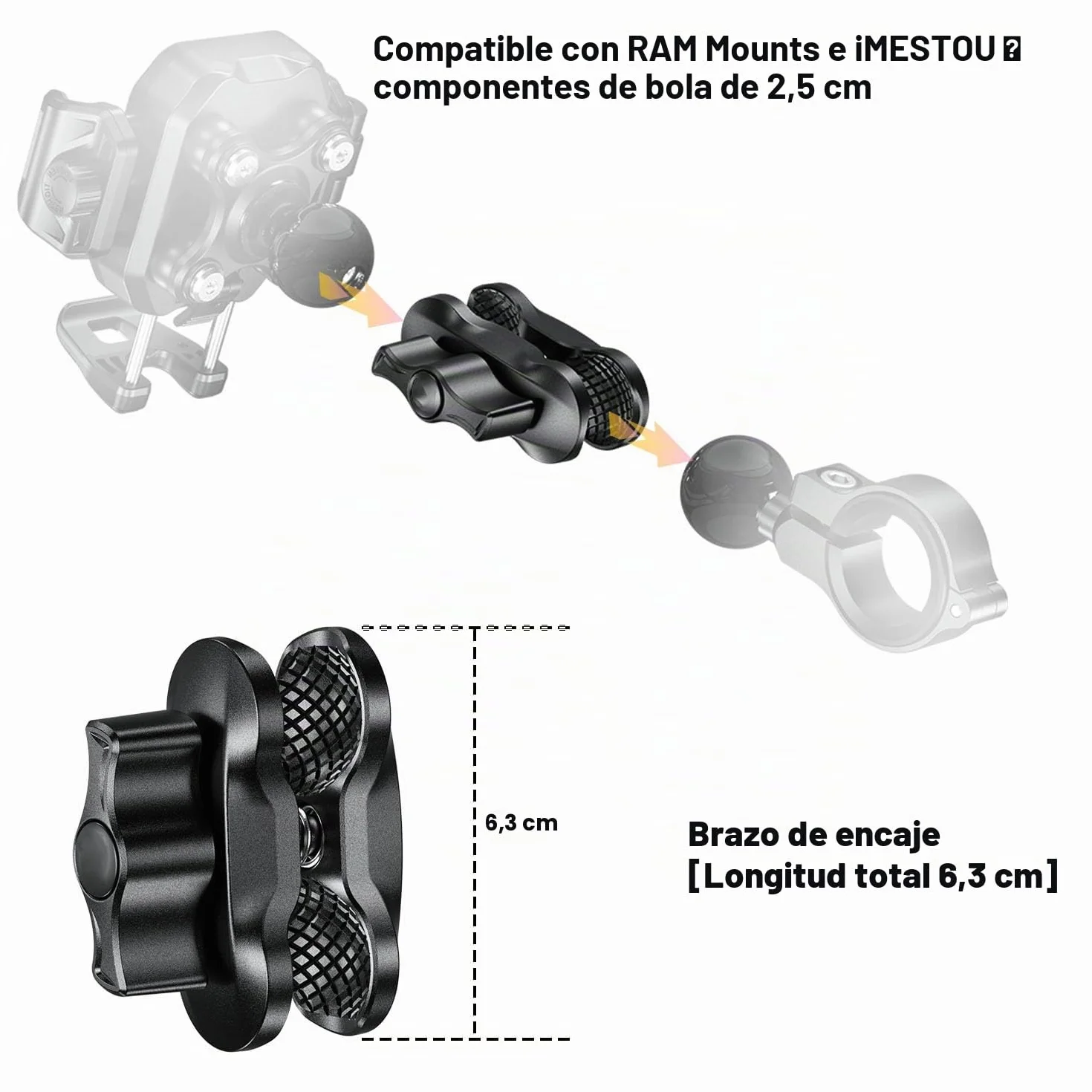 iMESTOU Brazo Doble Antirrobo de 1 Pulgada para Soportes RAM Tamaño B. Adaptador de Rótula de Seguridad de Aluminio Aeronáutico con Ajuste sin Herramientas, Longitud de 2.5 Pulgadas