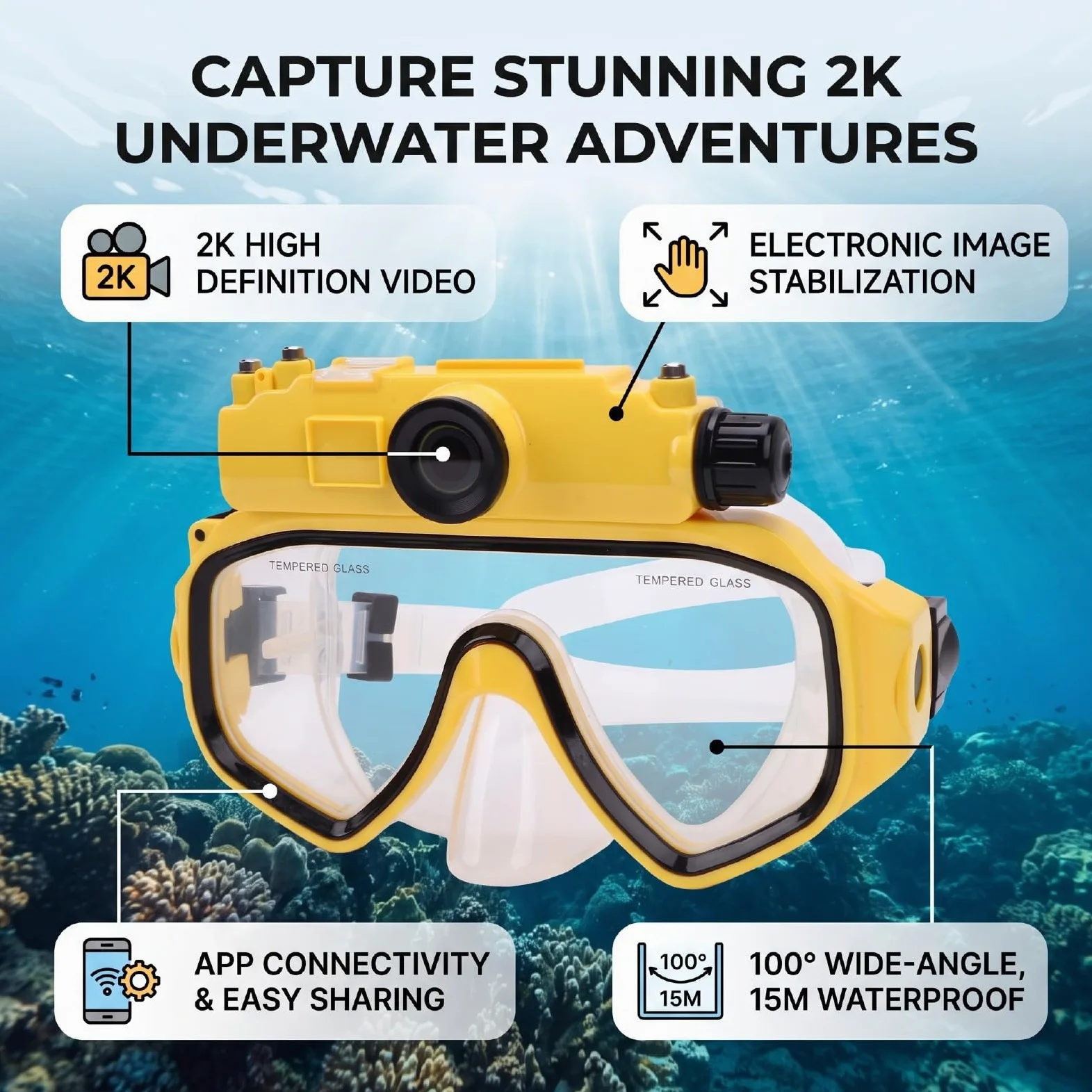 Gafas de Buceo para Snorkel con Cámara 2K 5MP | Gafas de Natación para Apnea, Resistente Al Agua, 15M, Gran Angular de 100 Grados, Antivibración, Aplicación WiFi