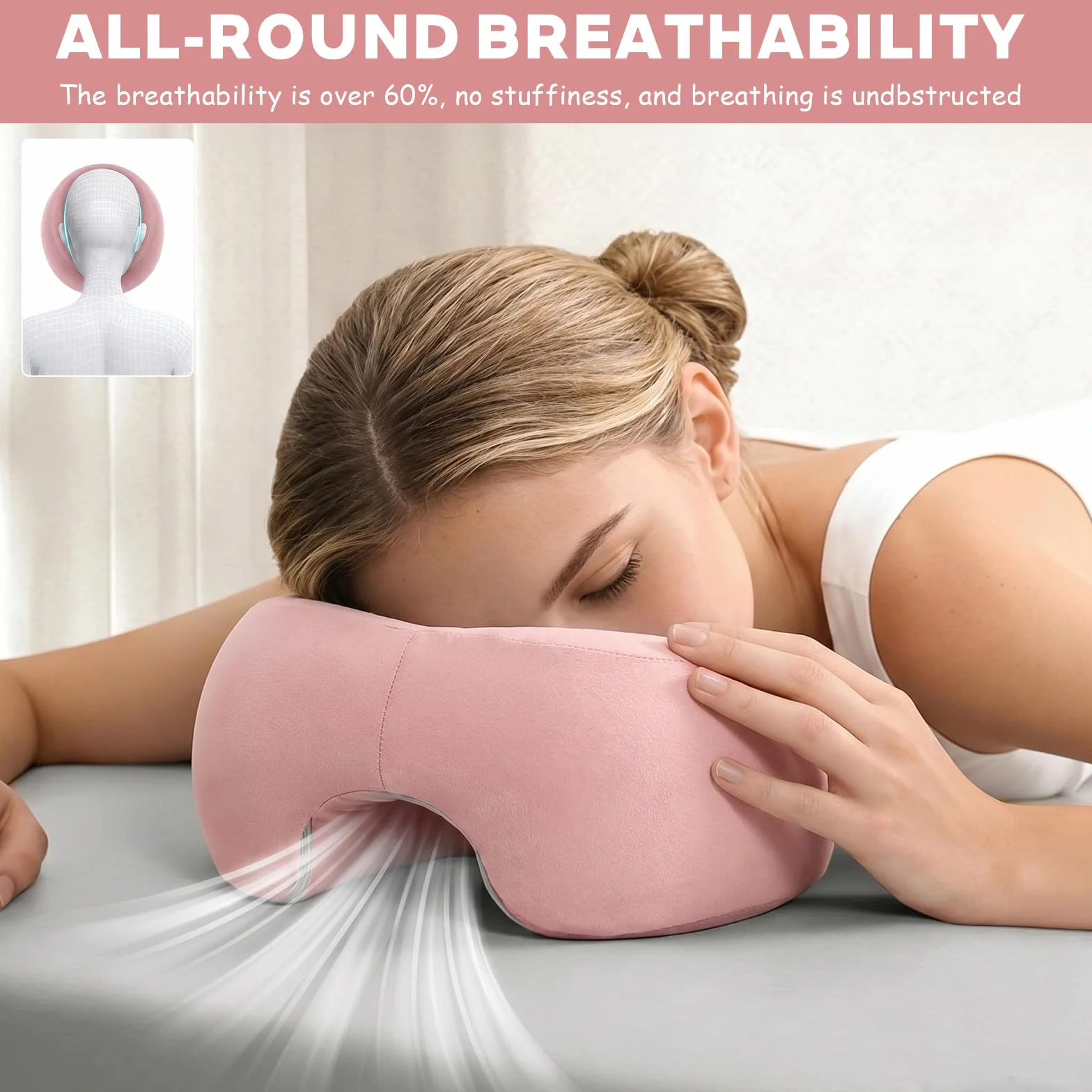 Almohada de Masaje Facial Boca Abajo con Agujero - Reposacabezas en Forma de U con Espuma Viscoelástica Rosa